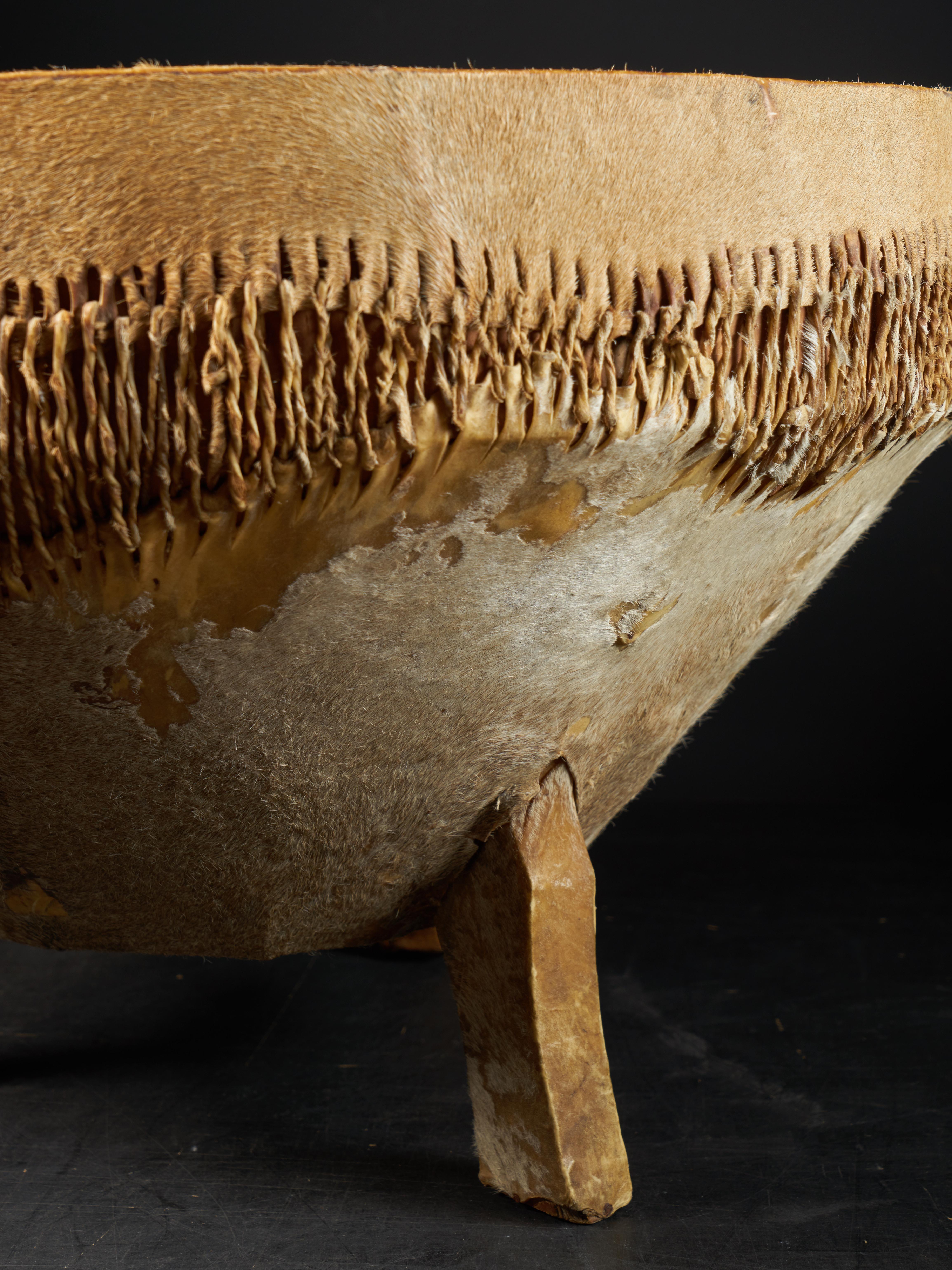 Hand-Crafted Wooden Drum with Shell and Membrane in Animal Skin