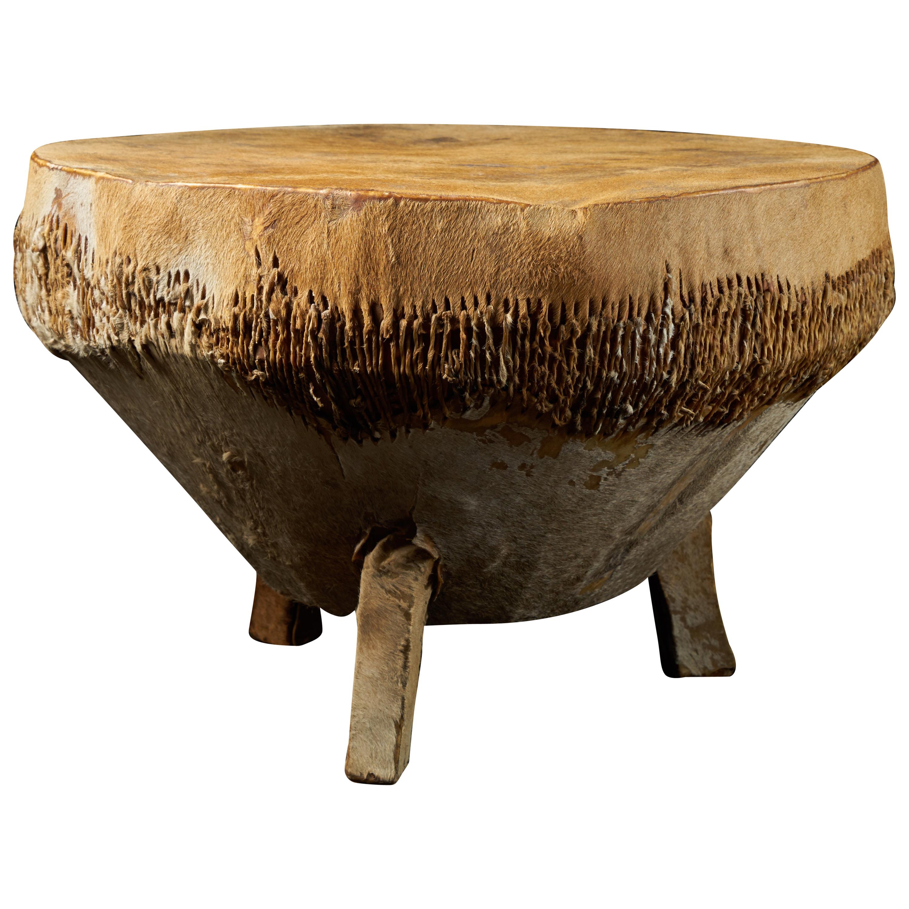 Wooden Drum with Shell and Membrane in Animal Skin