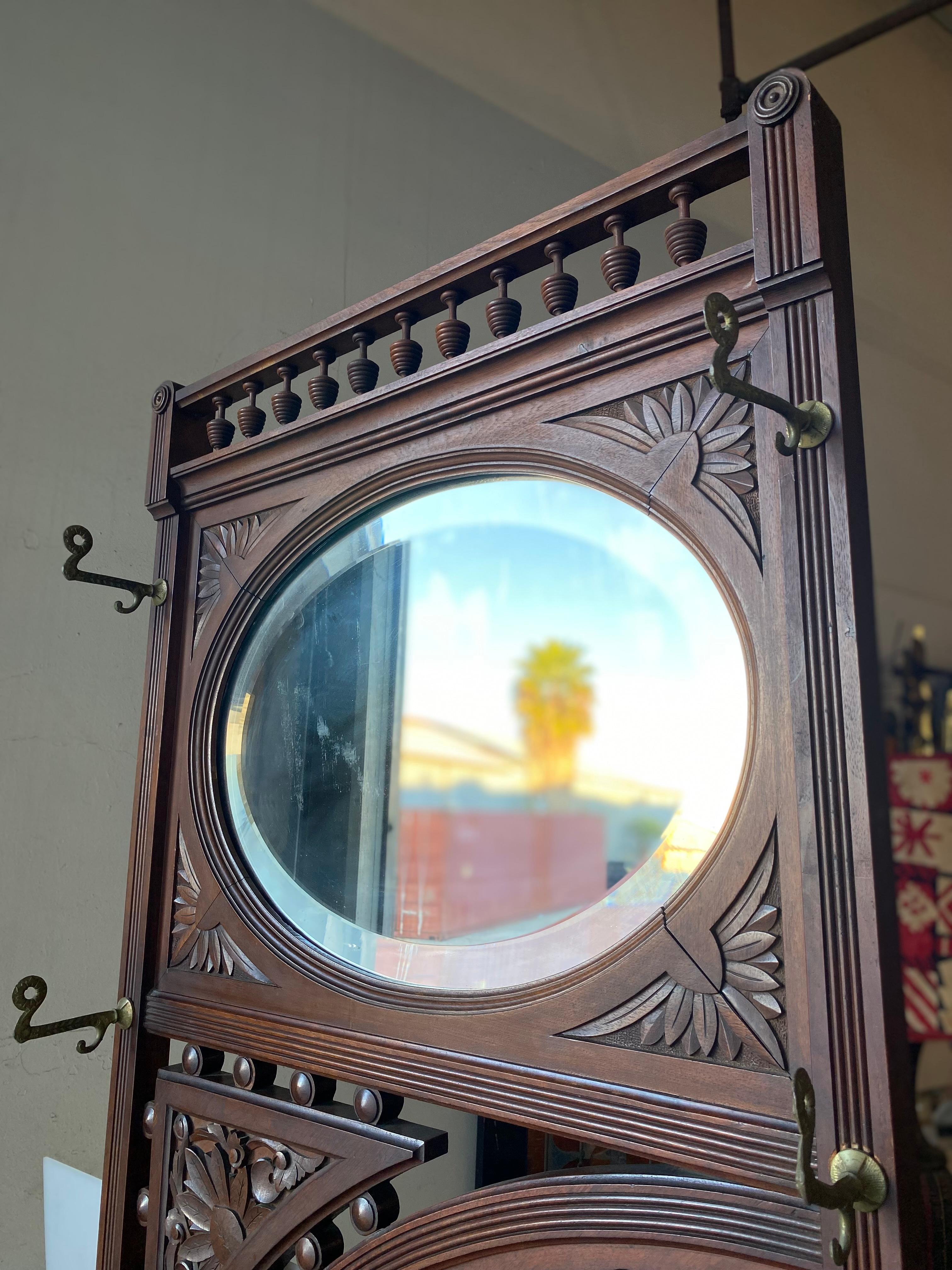 Wooden Edwardian Hall Tree with Art Nouveau Carvings, Mirror, Cabinet, & Bench – 4