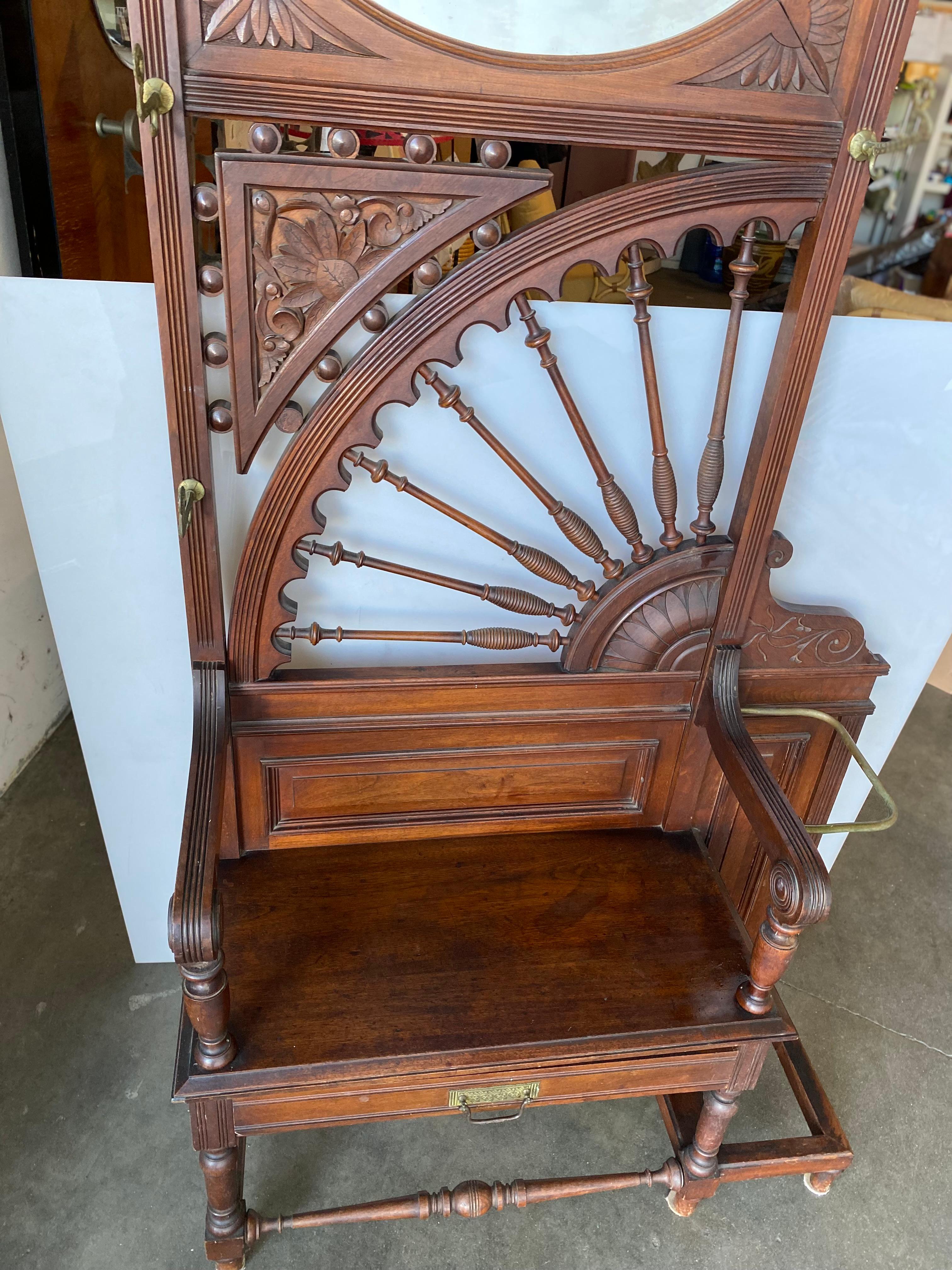 Wooden Edwardian Hall Tree with Art Nouveau Carvings, Mirror, Cabinet, & Bench – 5