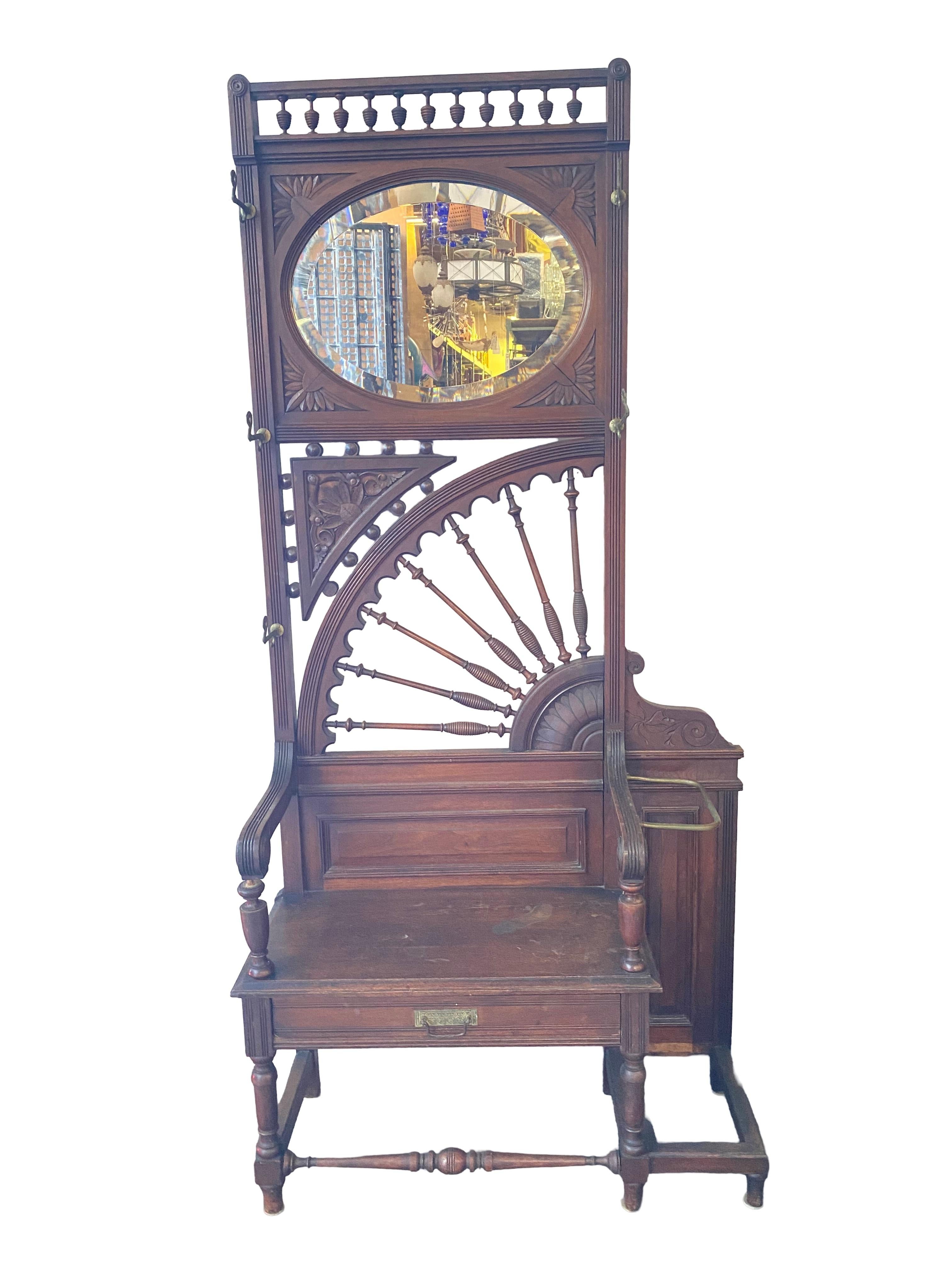 Unknown Wooden Edwardian Hall Tree with Art Nouveau Carvings, Mirror, Cabinet, & Bench –