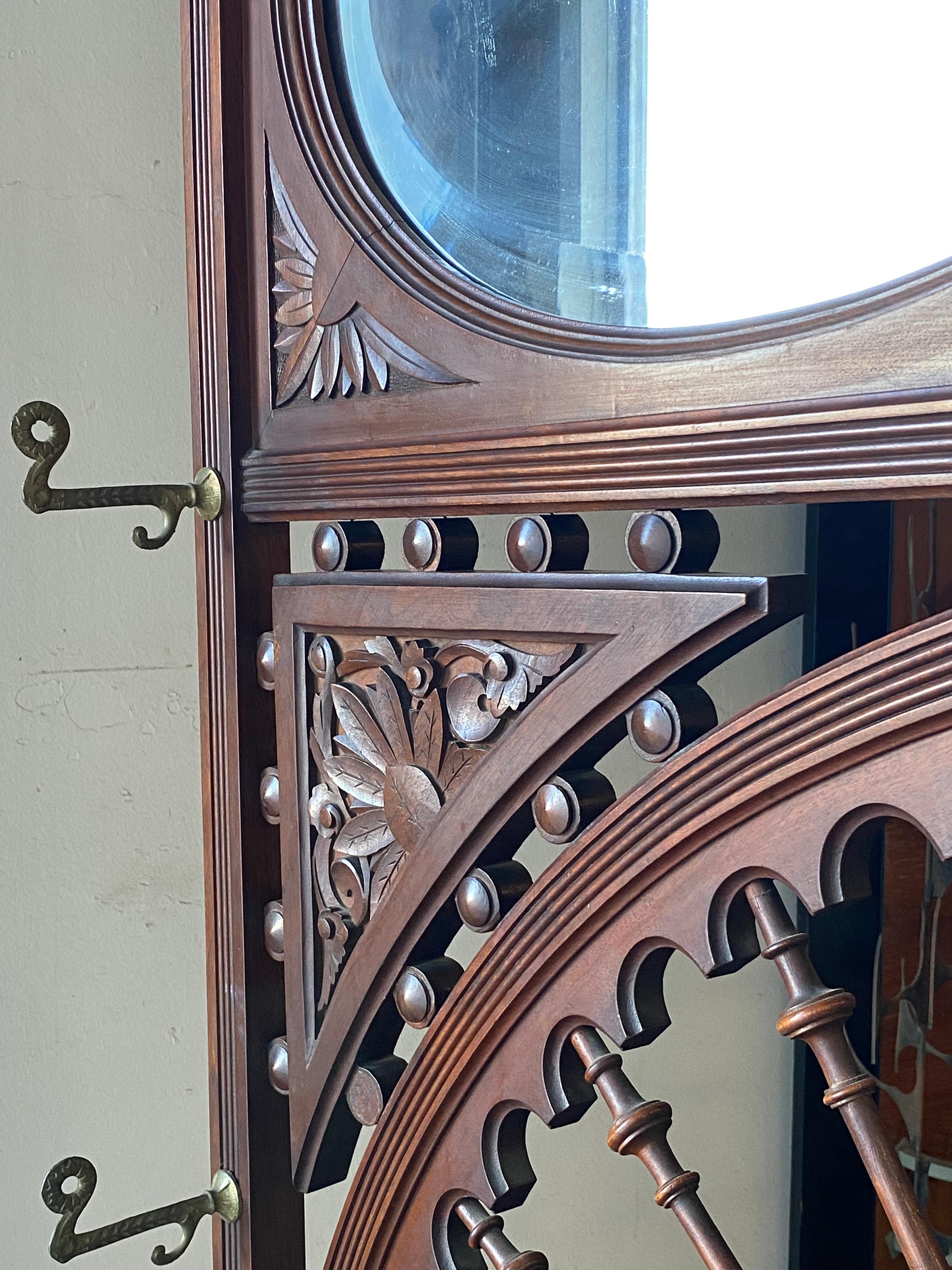 Hand-Carved Wooden Edwardian Hall Tree with Art Nouveau Carvings, Mirror, Cabinet, & Bench –
