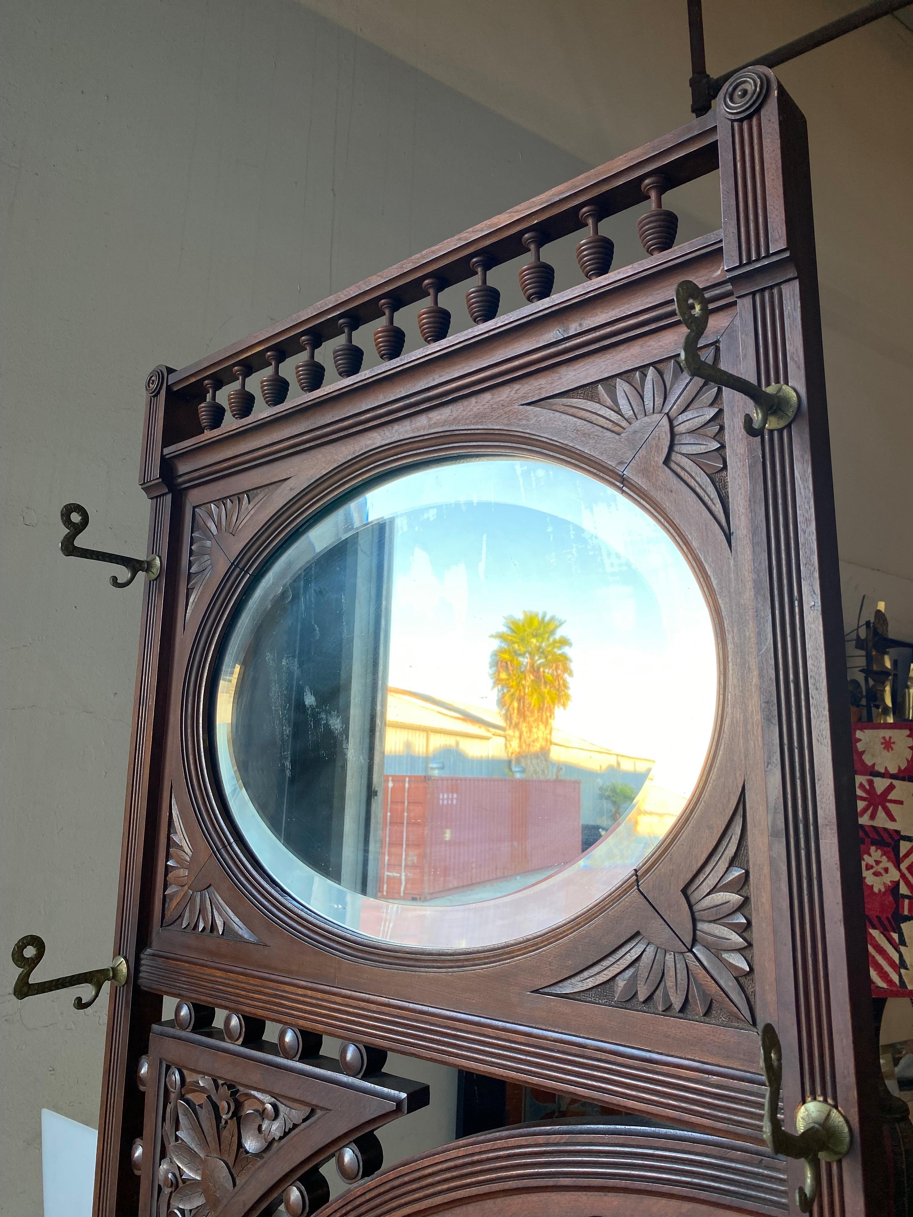 Wooden Edwardian Hall Tree with Art Nouveau Carvings, Mirror, Cabinet, & Bench – In Excellent Condition In Van Nuys, CA