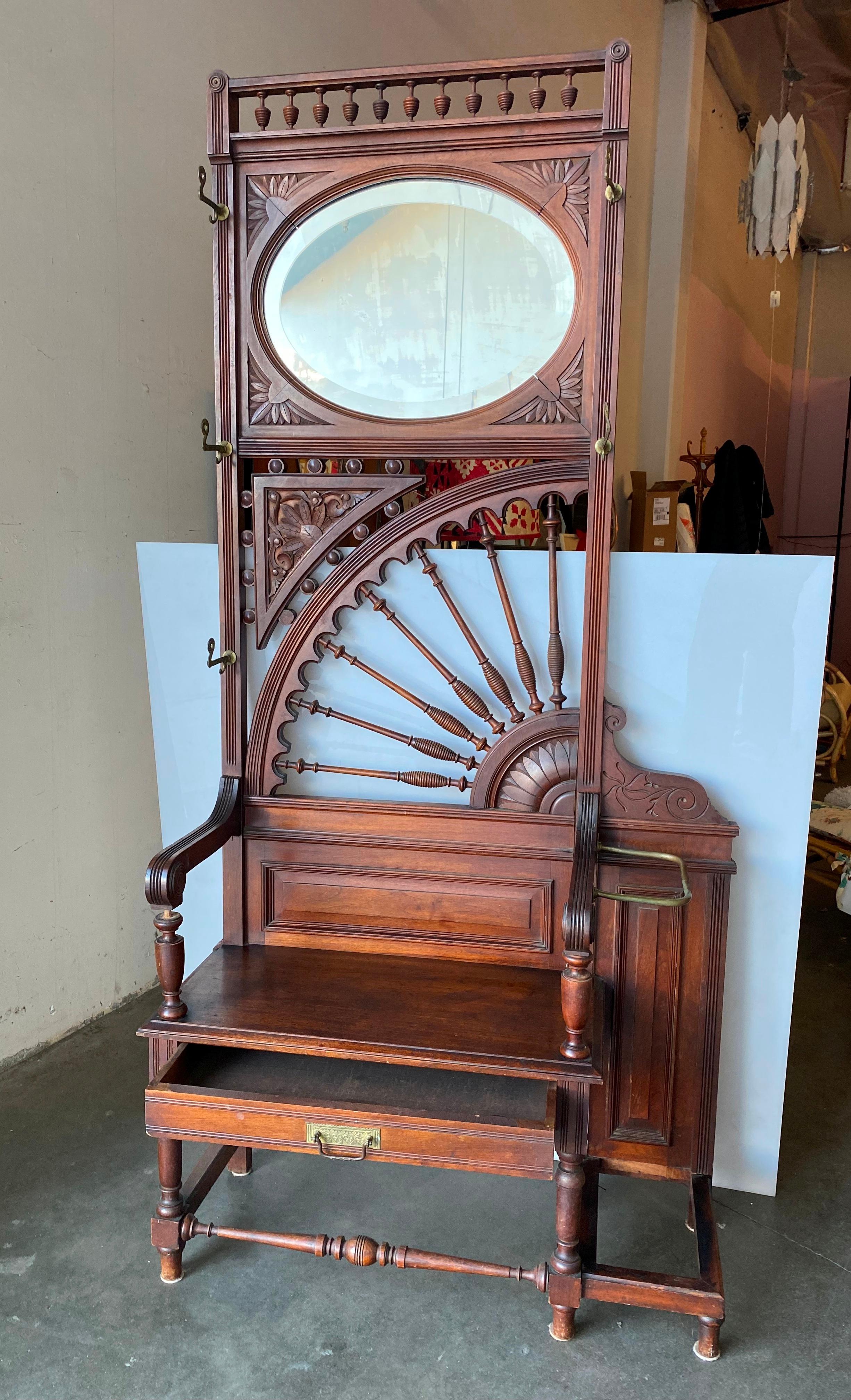 20th Century Wooden Edwardian Hall Tree with Art Nouveau Carvings, Mirror, Cabinet, & Bench –
