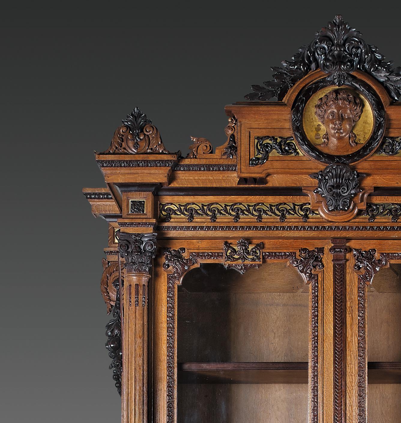 Renaissance Wooden & Enameled Display Sideboard Attributed to H.A Fourdinois, France, c1867 For Sale