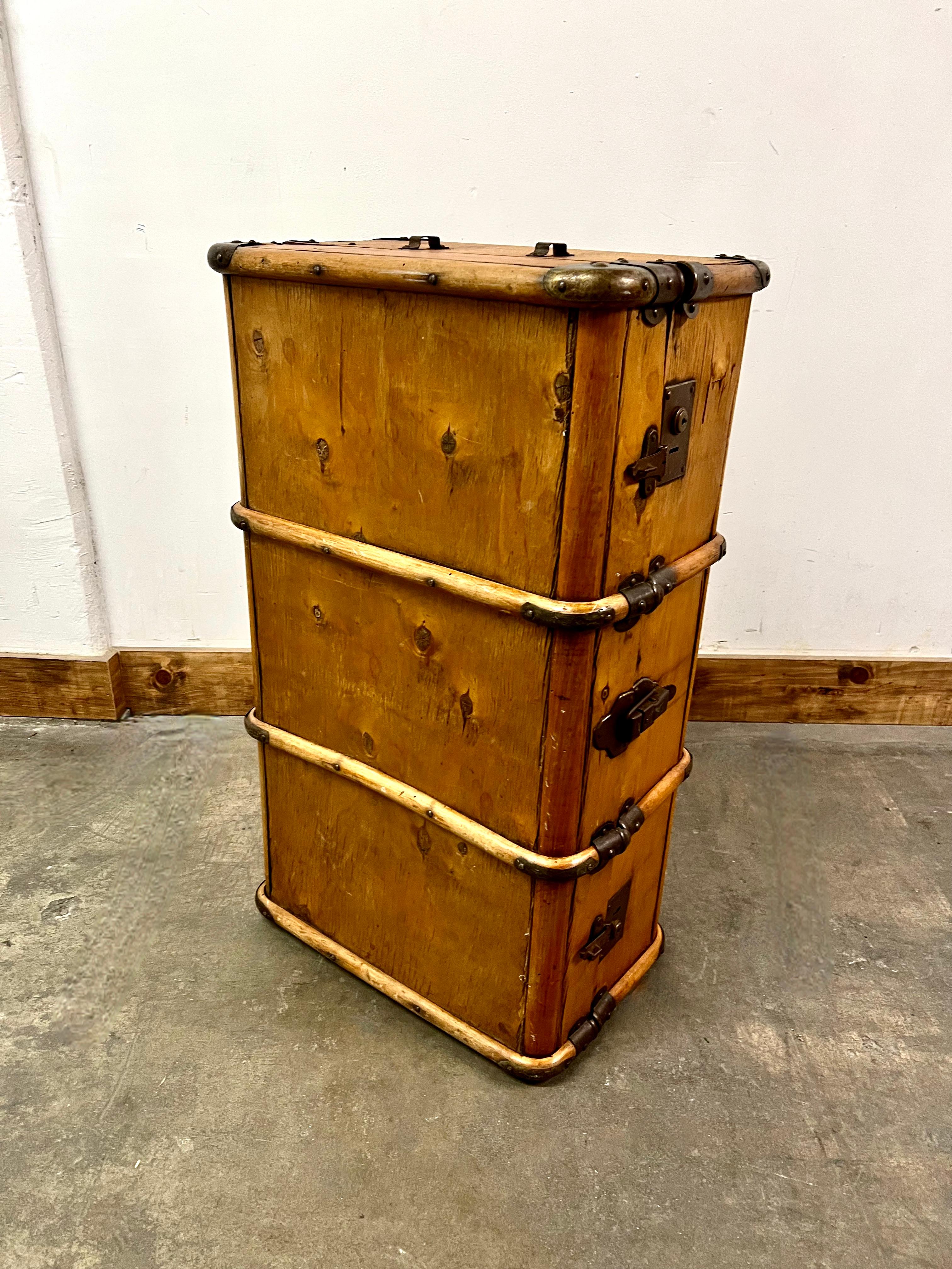 Hand-Crafted Wooden Exterior Luggage with Wooden and Brass Fittings and Closures For Sale