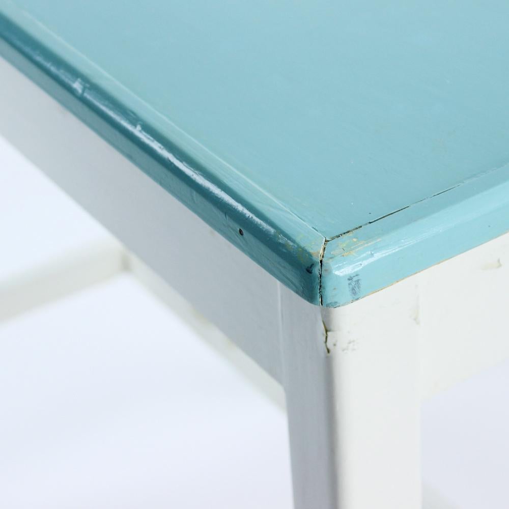 Wooden Farm Table in White & Turquoise Color, Czechoslovakia 1950s For Sale 3