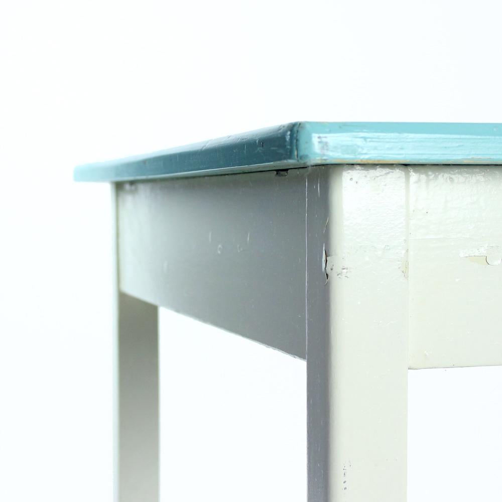 Wooden Farm Table in White & Turquoise Color, Czechoslovakia 1950s For Sale 4