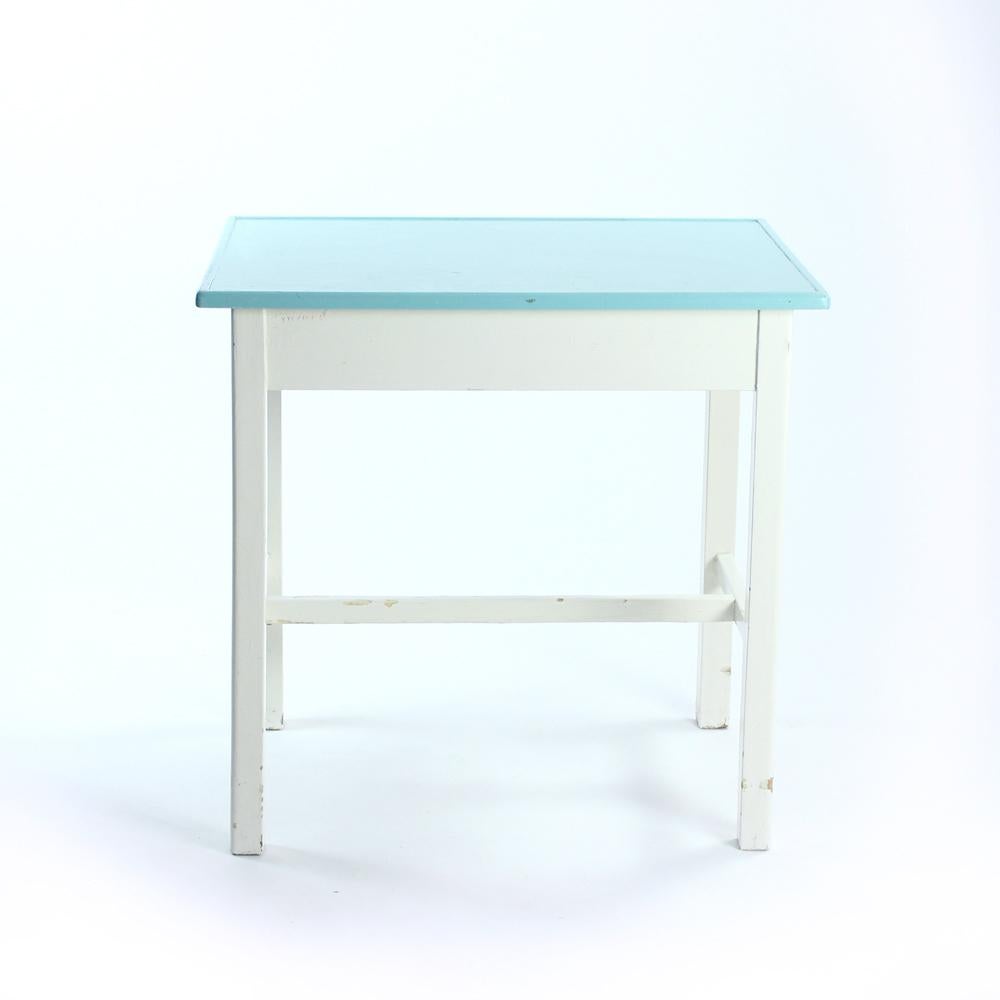 Wooden Farm Table in White & Turquoise Color, Czechoslovakia 1950s For Sale 5