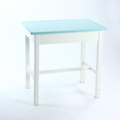 Wooden Farm Table in White & Turquoise Color, Czechoslovakia 1950s