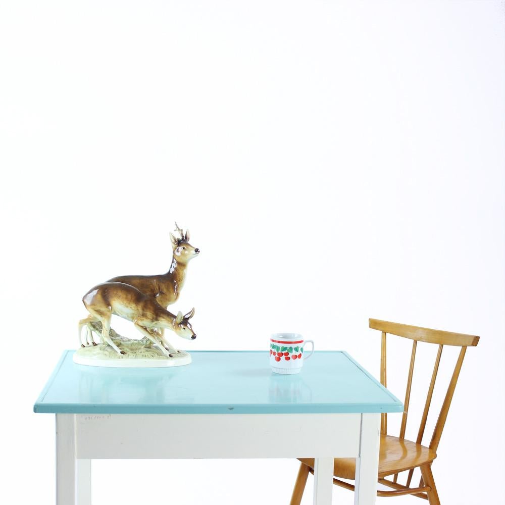 Mid-Century Modern Wooden Farm Table in White & Turquoise Color, Czechoslovakia 1950s For Sale