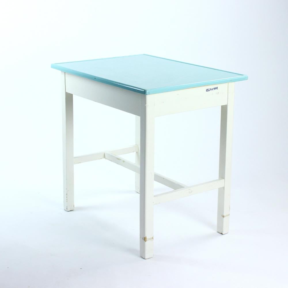 Slovak Wooden Farm Table in White & Turquoise Color, Czechoslovakia 1950s For Sale
