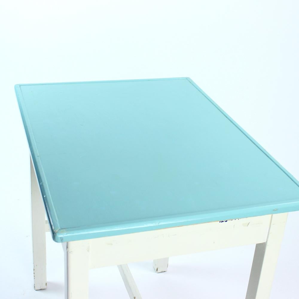 Mid-20th Century Wooden Farm Table in White & Turquoise Color, Czechoslovakia 1950s For Sale