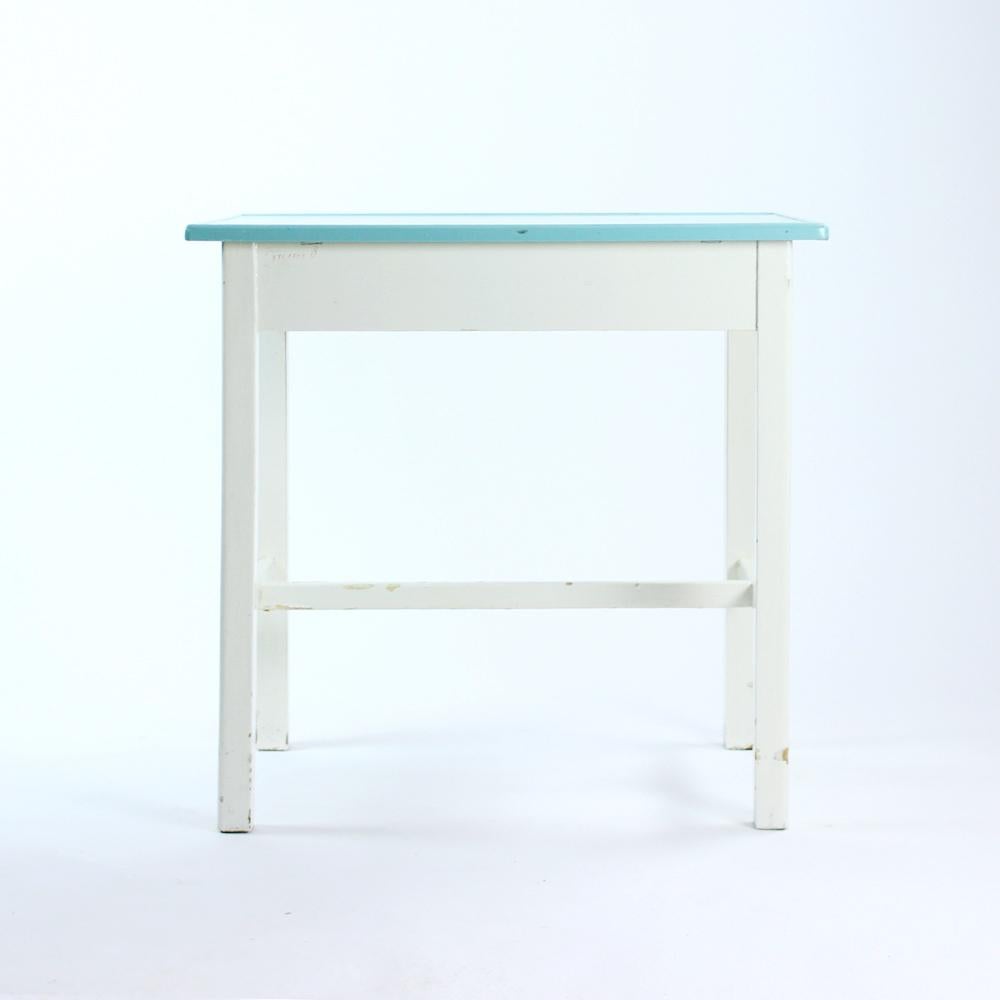 Wooden Farm Table in White & Turquoise Color, Czechoslovakia 1950s For Sale 2