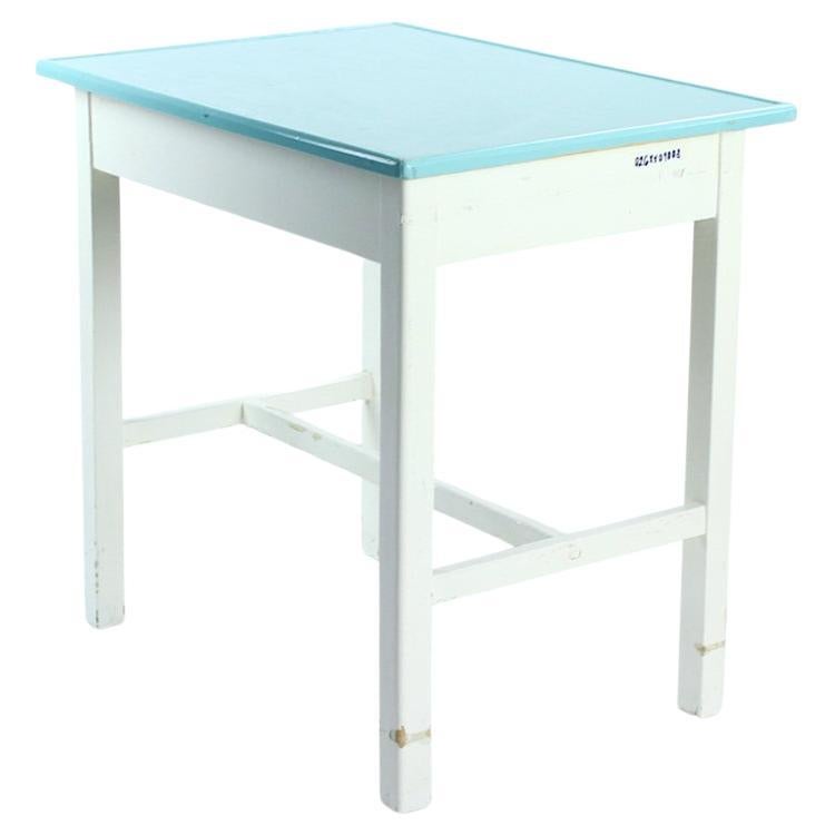 Wooden Farm Table in White & Turquoise Color, Czechoslovakia 1950s For Sale