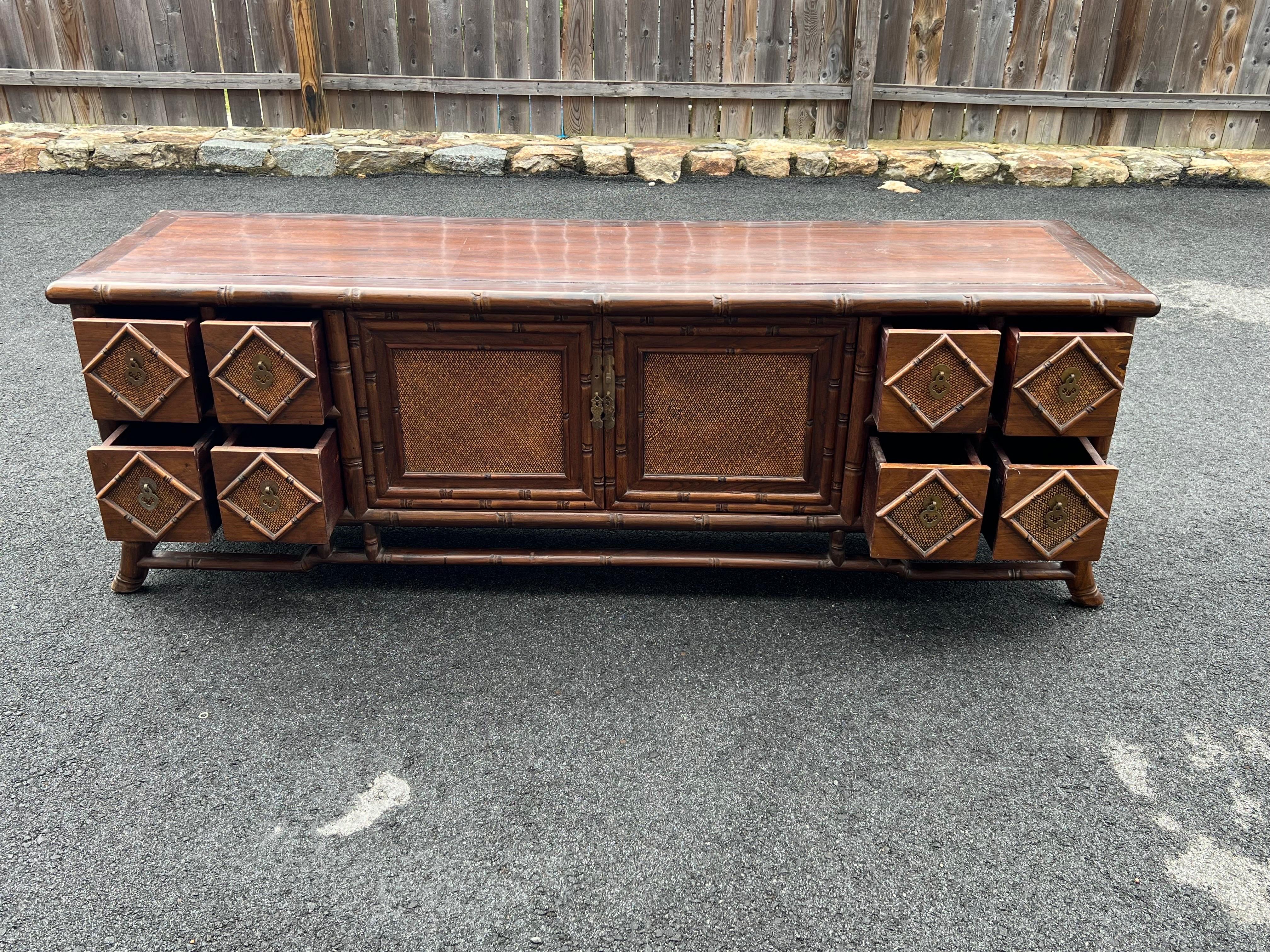 Chinoiserie Wooden Faux Bamboo and Wicker TV Stand  For Sale
