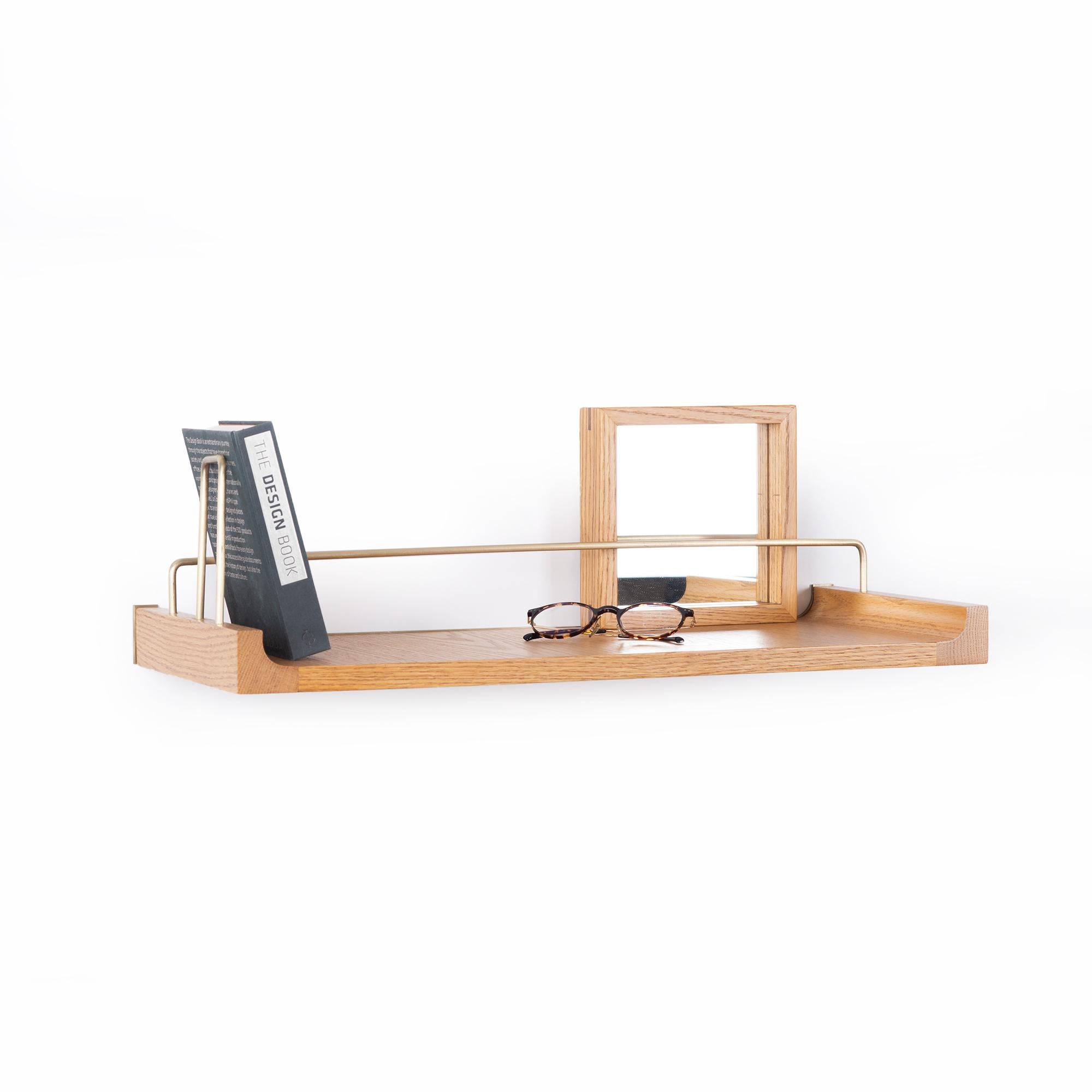 Hand-Crafted Wooden Floating Shelf – Medium Size, Oak, with Aged Gold Details For Sale