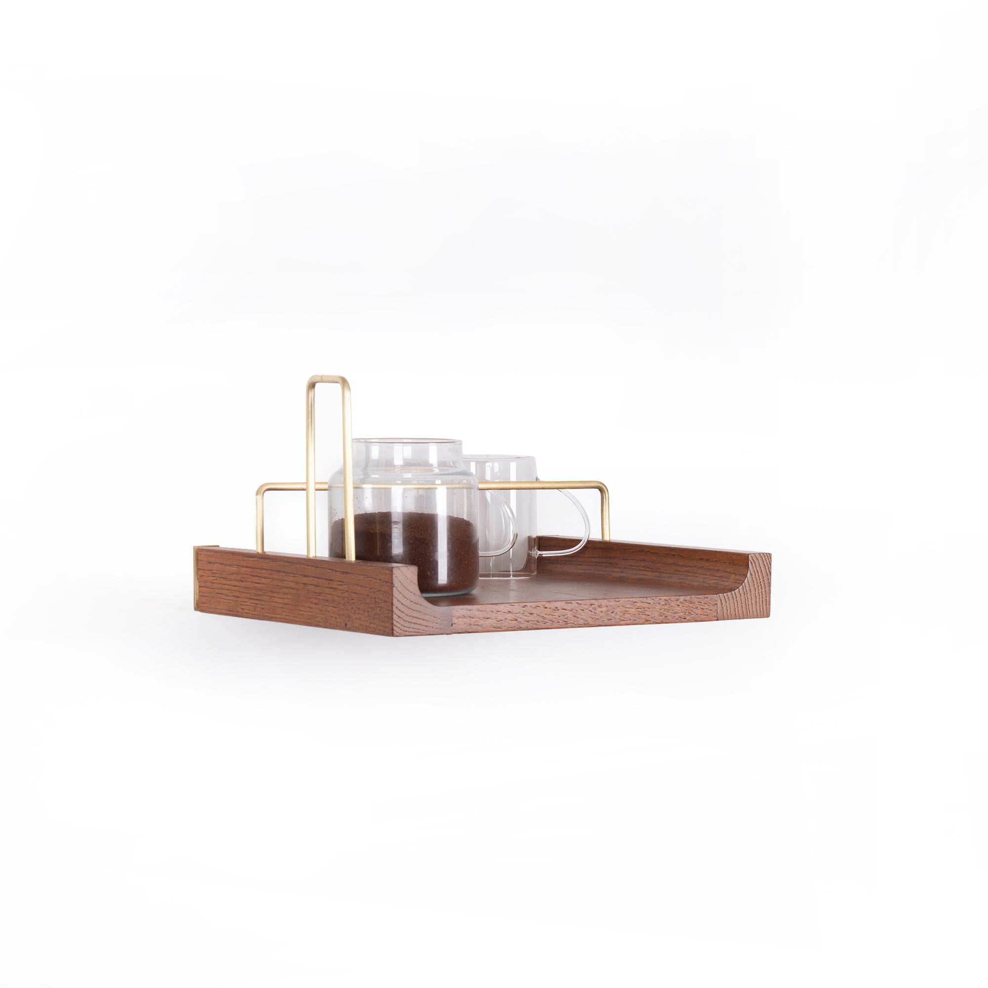 Modern Wooden Floating Shelf – Small Size, Oak, with Aged Gold Details For Sale