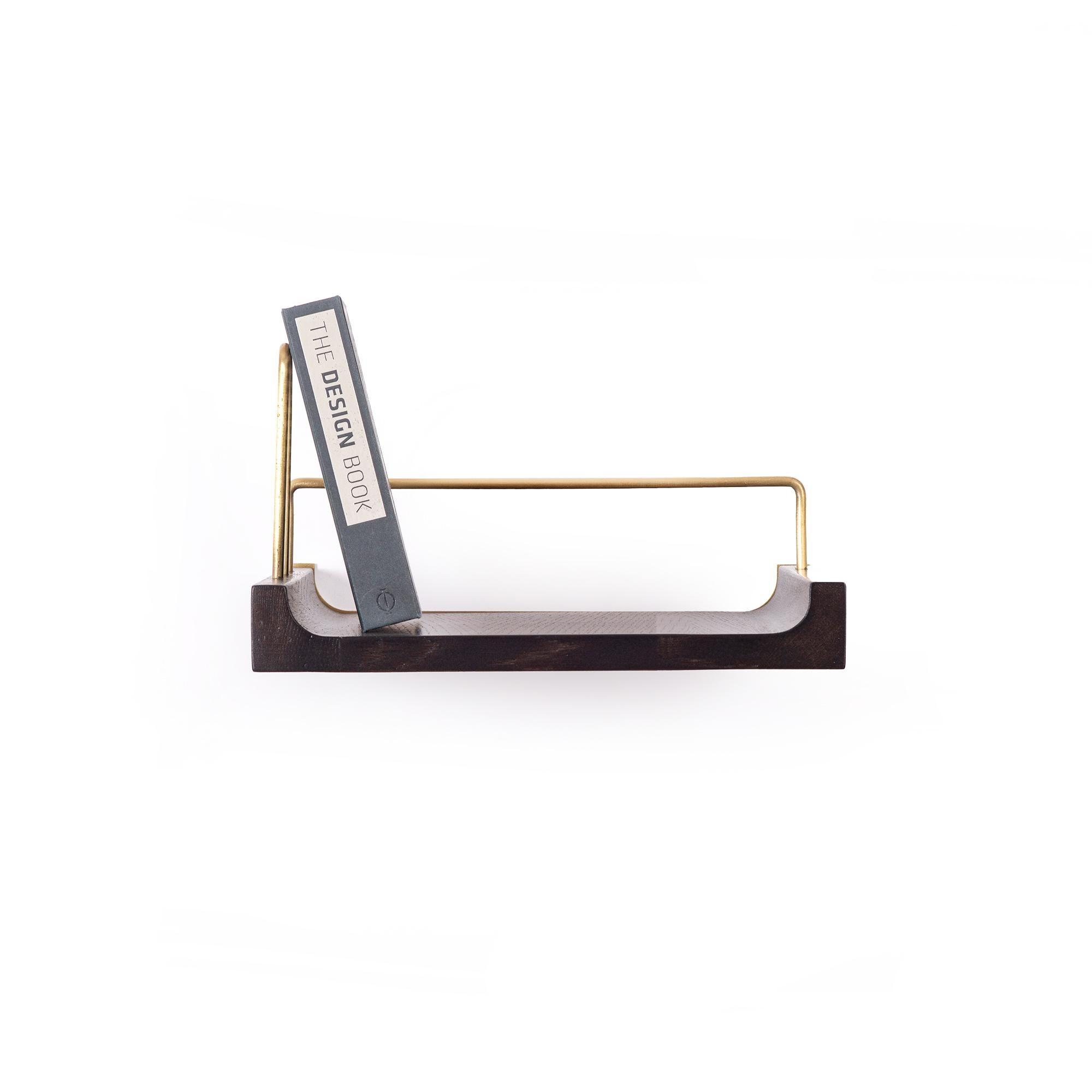 Modern Wooden Floating Shelf – Small Size, Oak, with Aged Gold Details For Sale