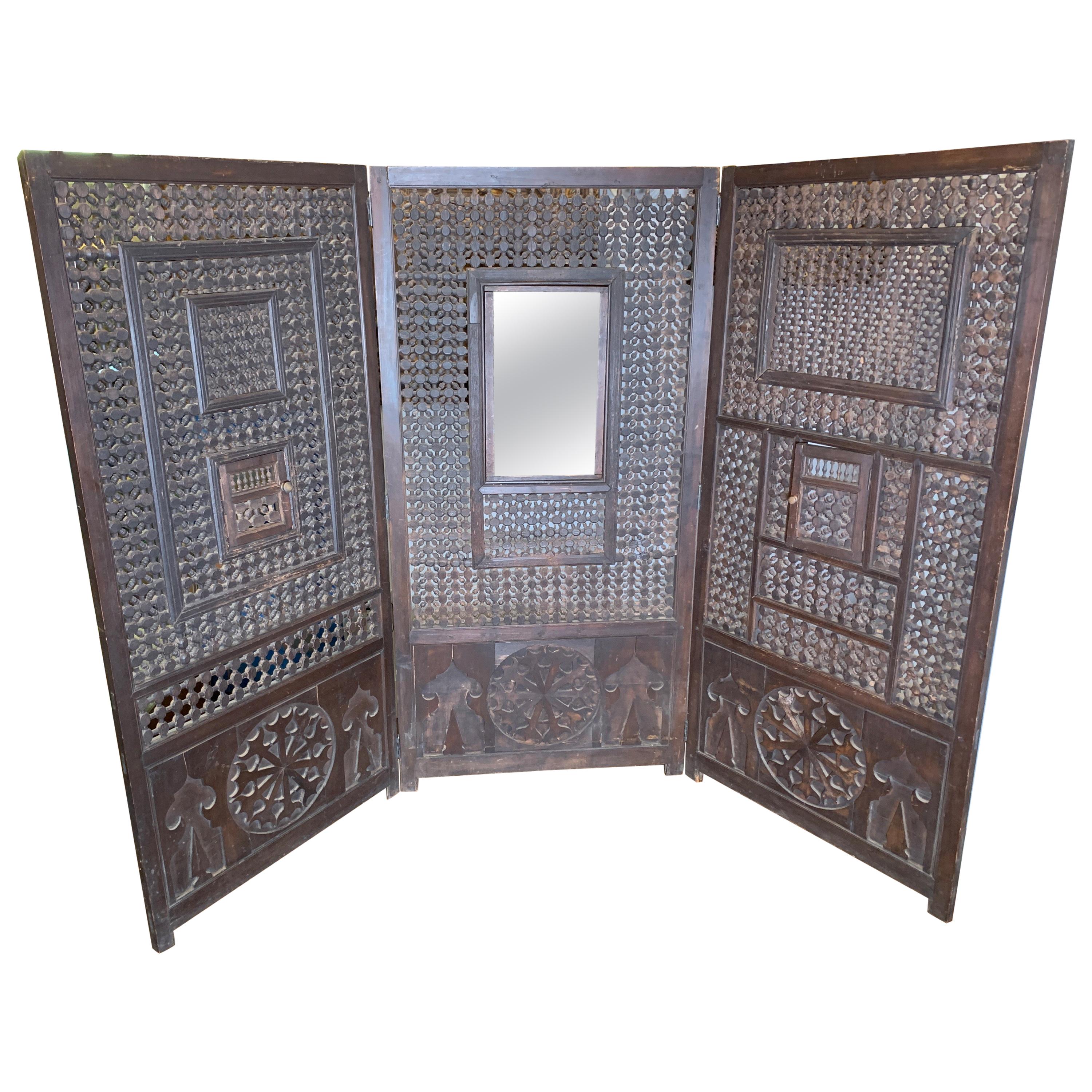Wooden Folding Screen Made from 19th Century Harem Door Panels