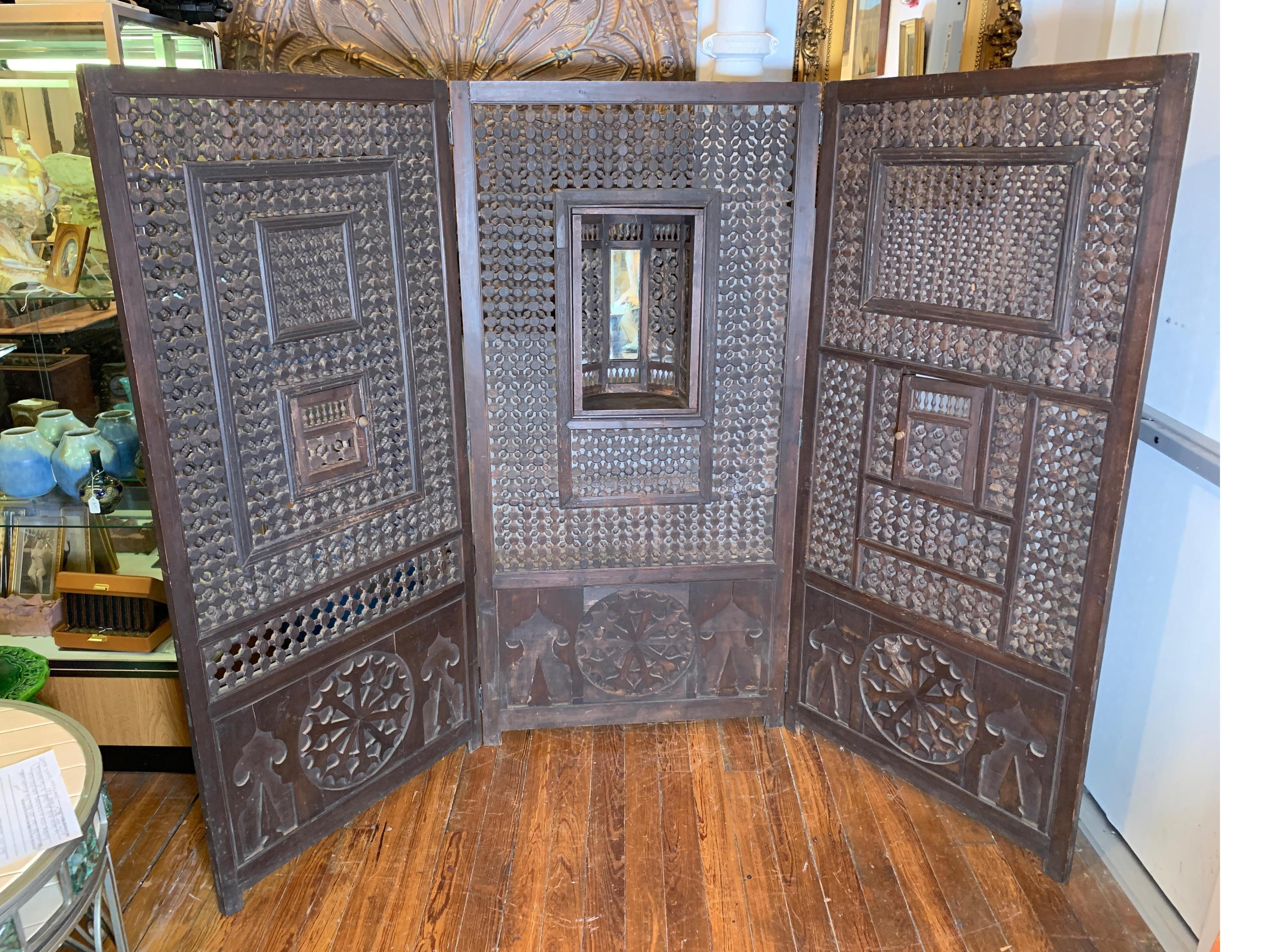 Rare original 19th century Middle Eastern harem door panels - one with an alcove in the center with added mirror, all interconnected with pegged framework - no glue, nails, or screws. Pins in hinges, easy to separate. Dimensions: open: 67