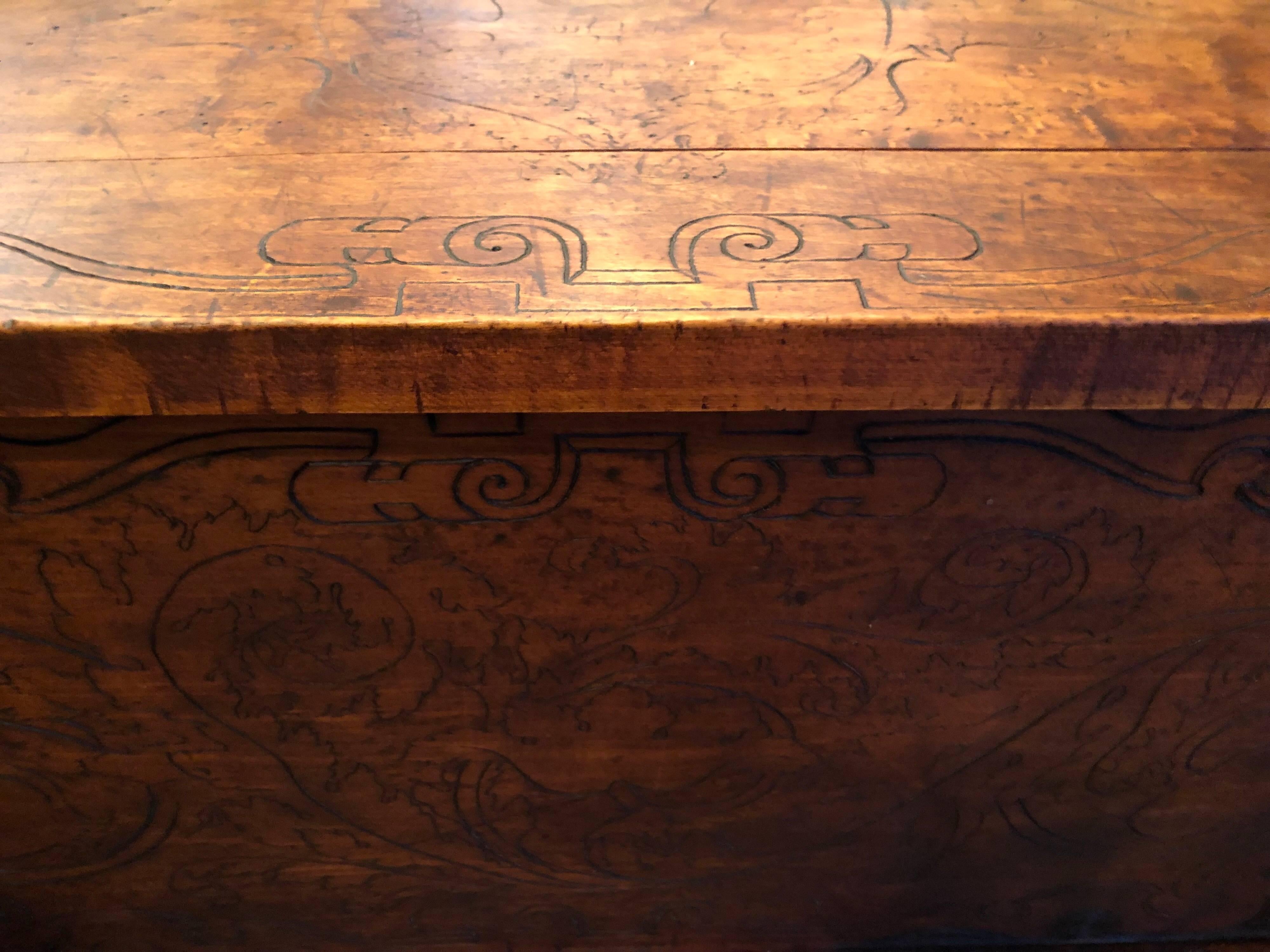 Early 20th Century Wooden Folk Art Pyrography Trunk