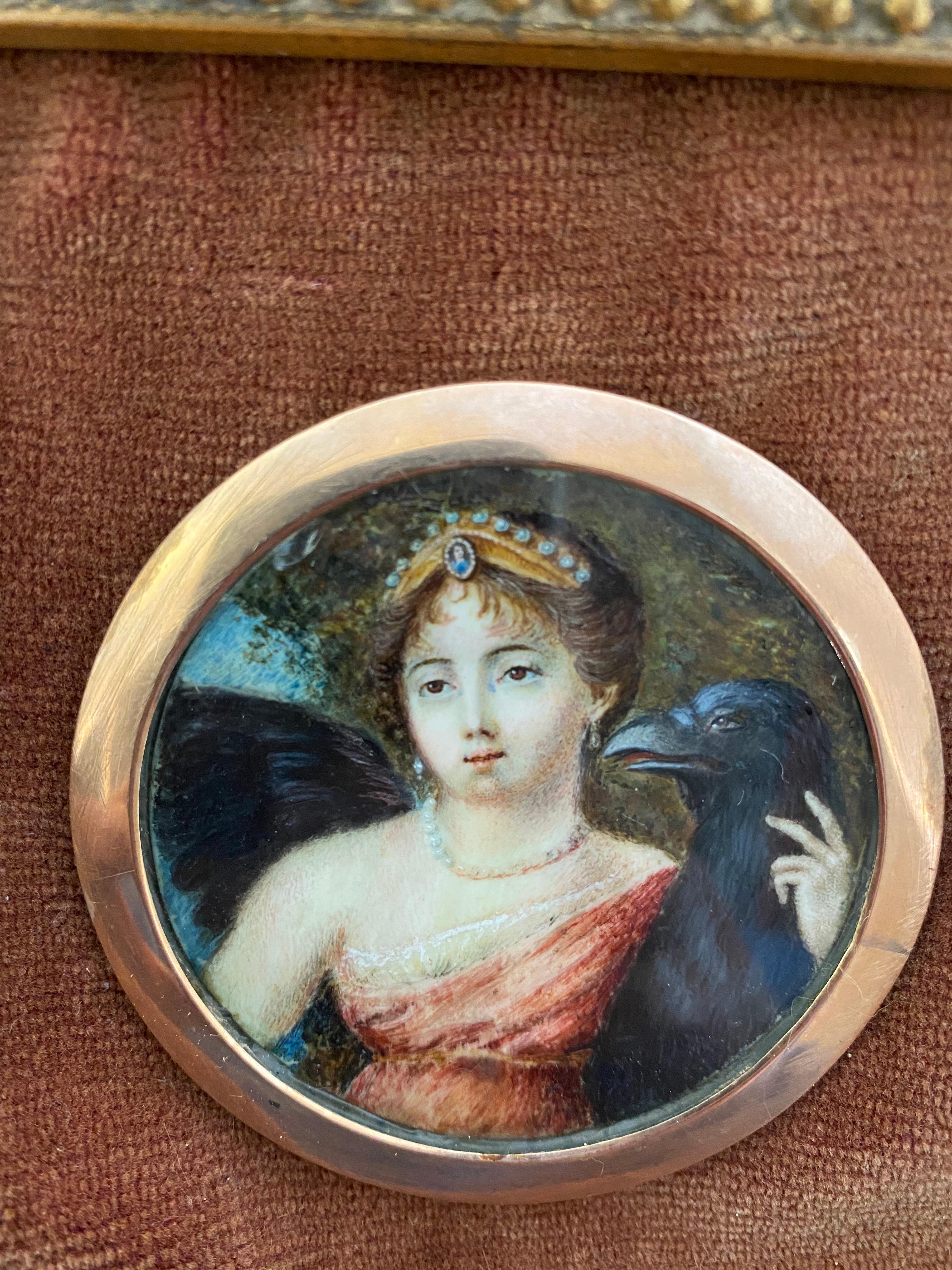 Hand-Crafted Wooden-Framed Picture of Young Princess and Large Bird of Prey For Sale
