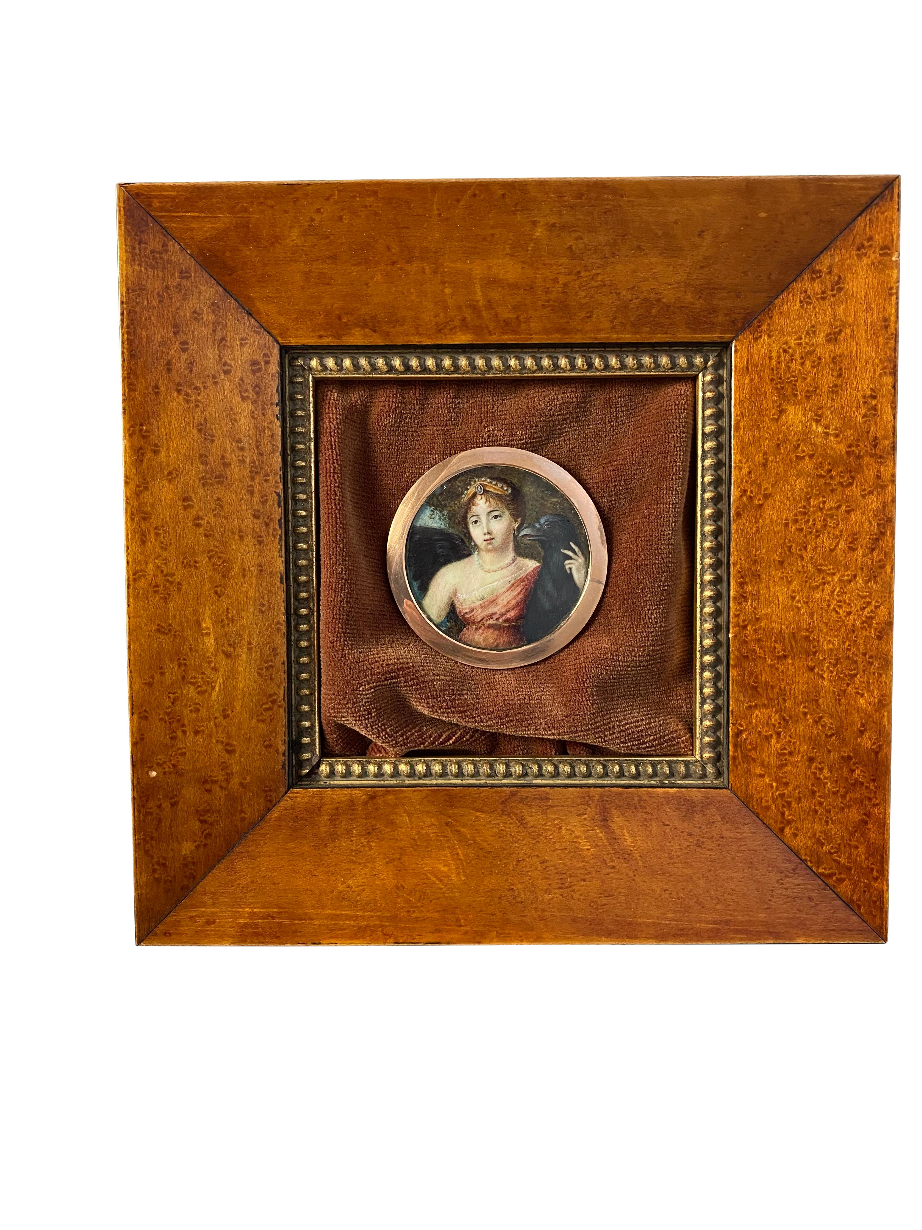 19th Century Wooden-Framed Picture of Young Princess and Large Bird of Prey For Sale