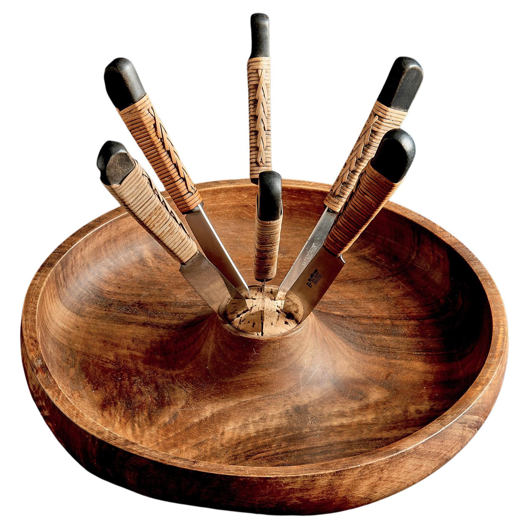 Wooden Fruit Bowl with Six Knives by Werkstätte Carl Auböck, Austria 1960s