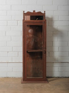 Wooden Glass Display Cabinet with Carved Crest and Original Hardware