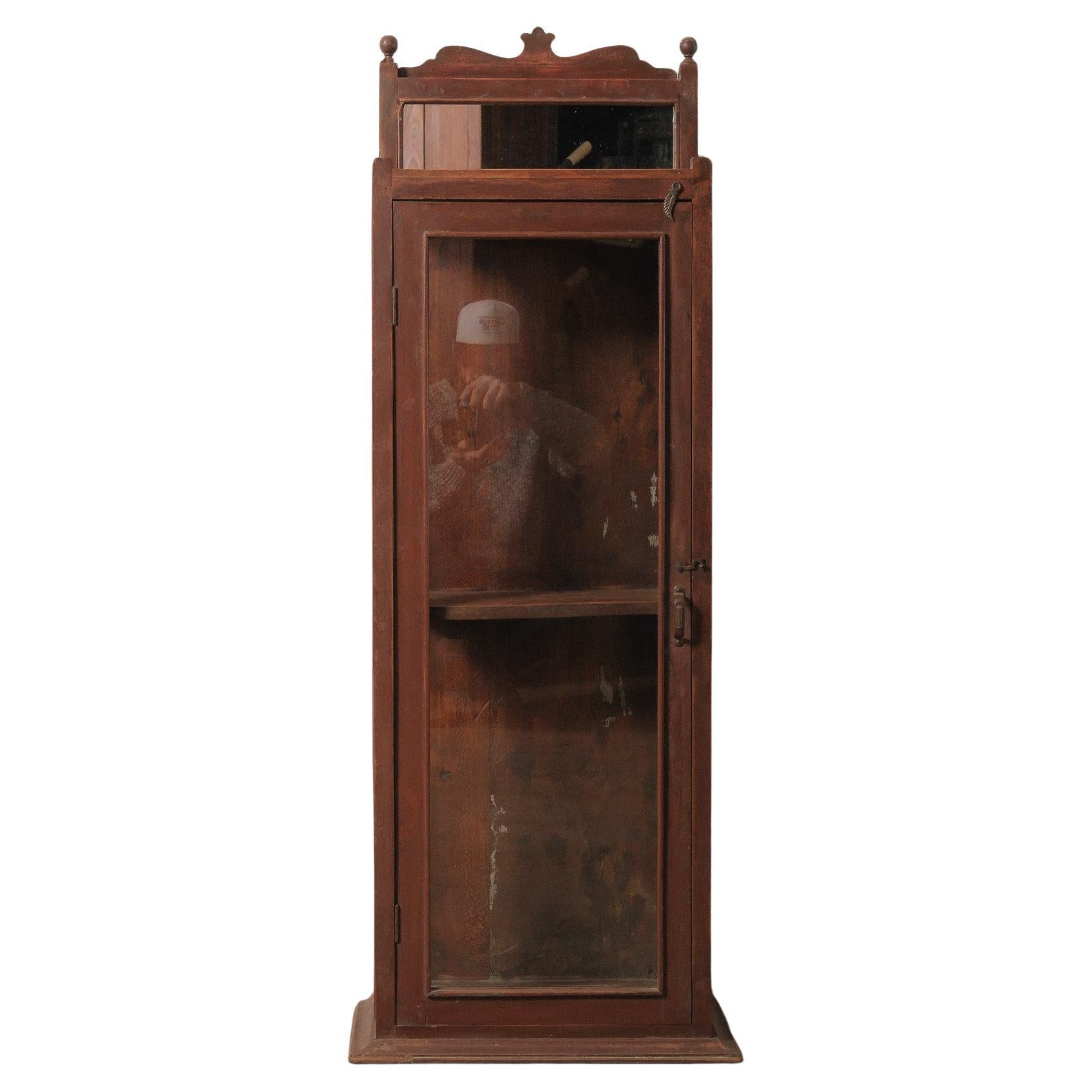 Wooden Glass Display Cabinet with Carved Crest and Original Hardware For Sale