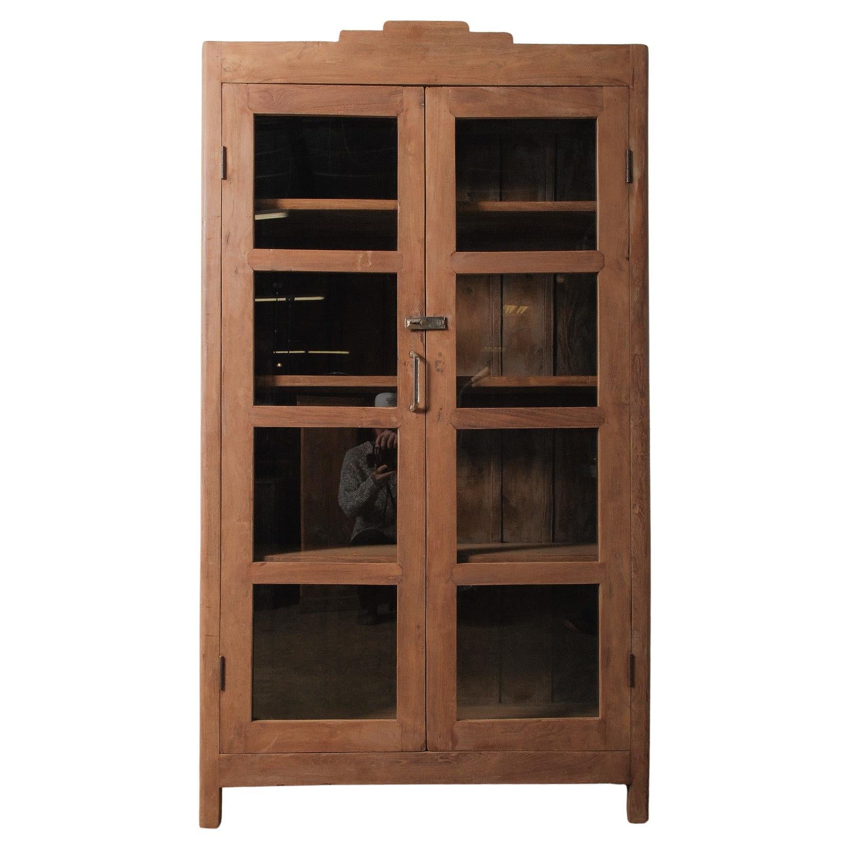 Wooden Glass-Front Almirah with Paneled Doors and Patinated Finish