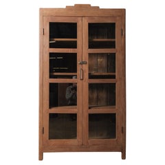 Wooden Glass-Front Almirah with Paneled Doors and Patinated Finish