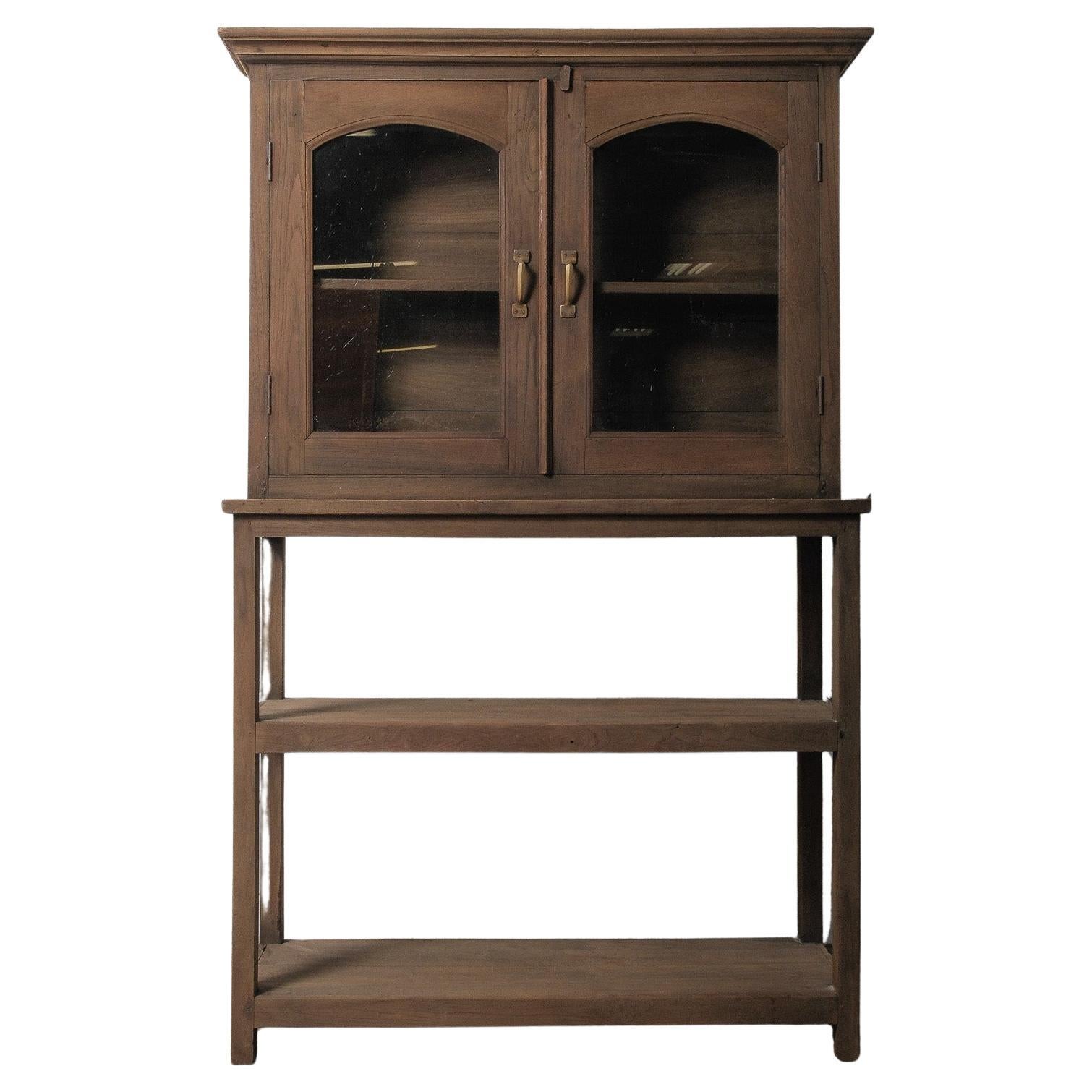 Wooden Glass-Front Cabinet on Open Shelved Base