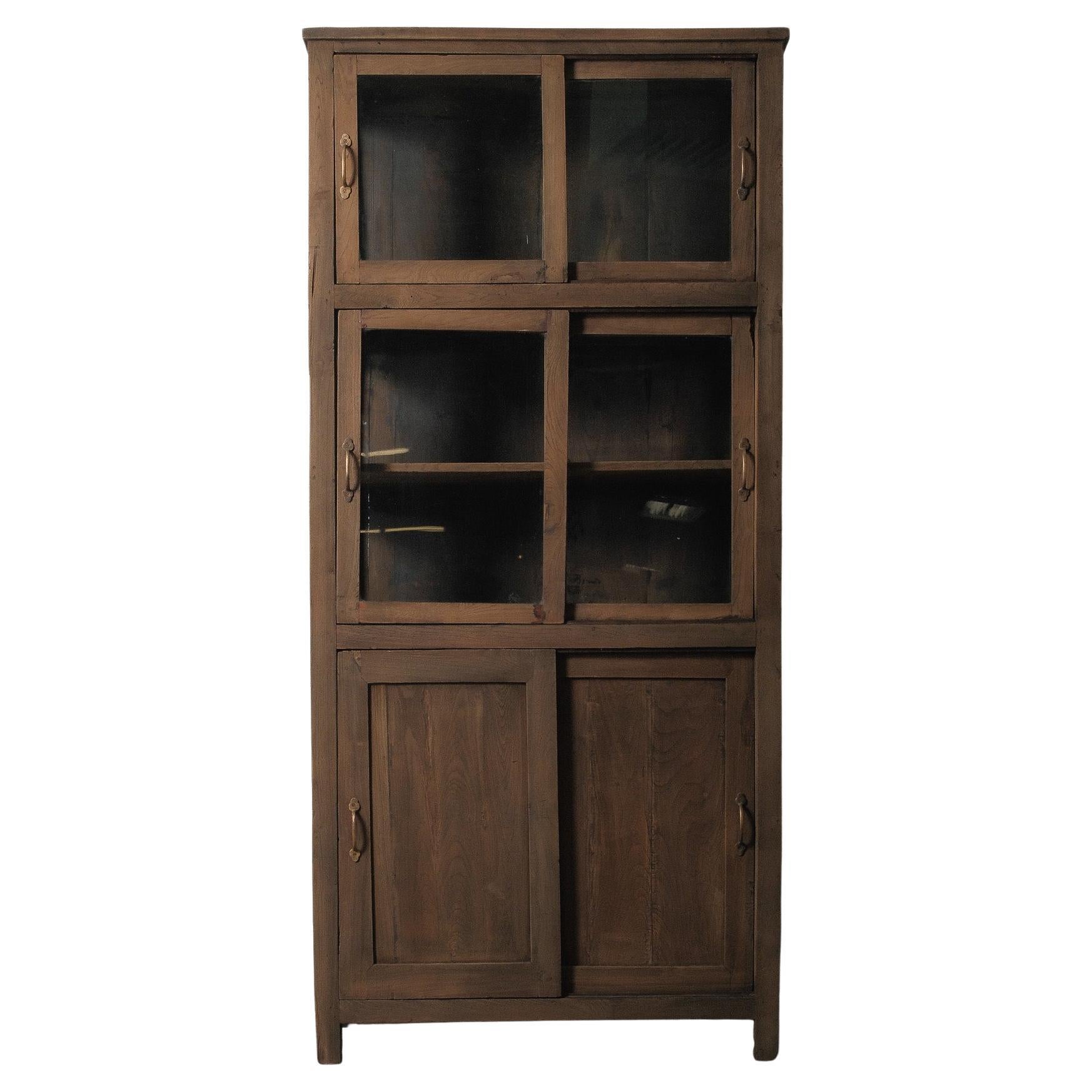 Wooden Glass-Front Cabinet with Sliding Doors im Angebot