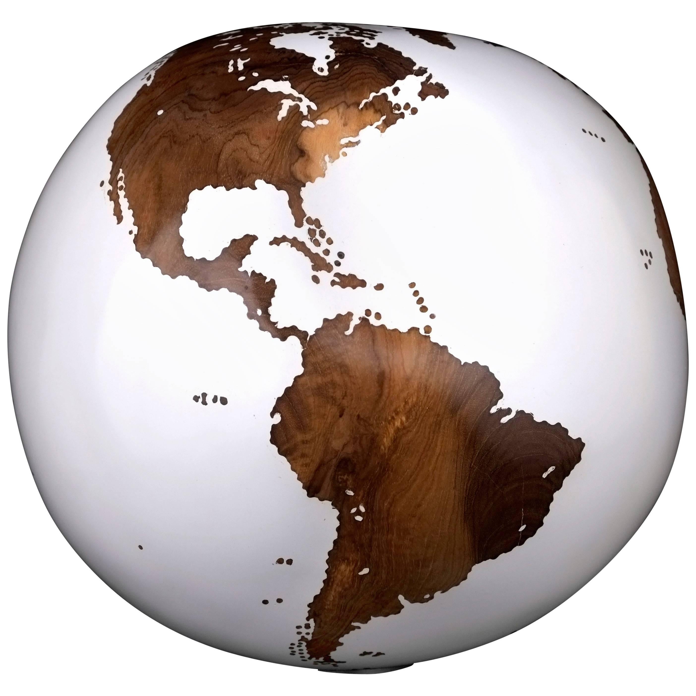 Wooden Globe Teak Root in Classic White Acrylic Resin Finishing For Sale