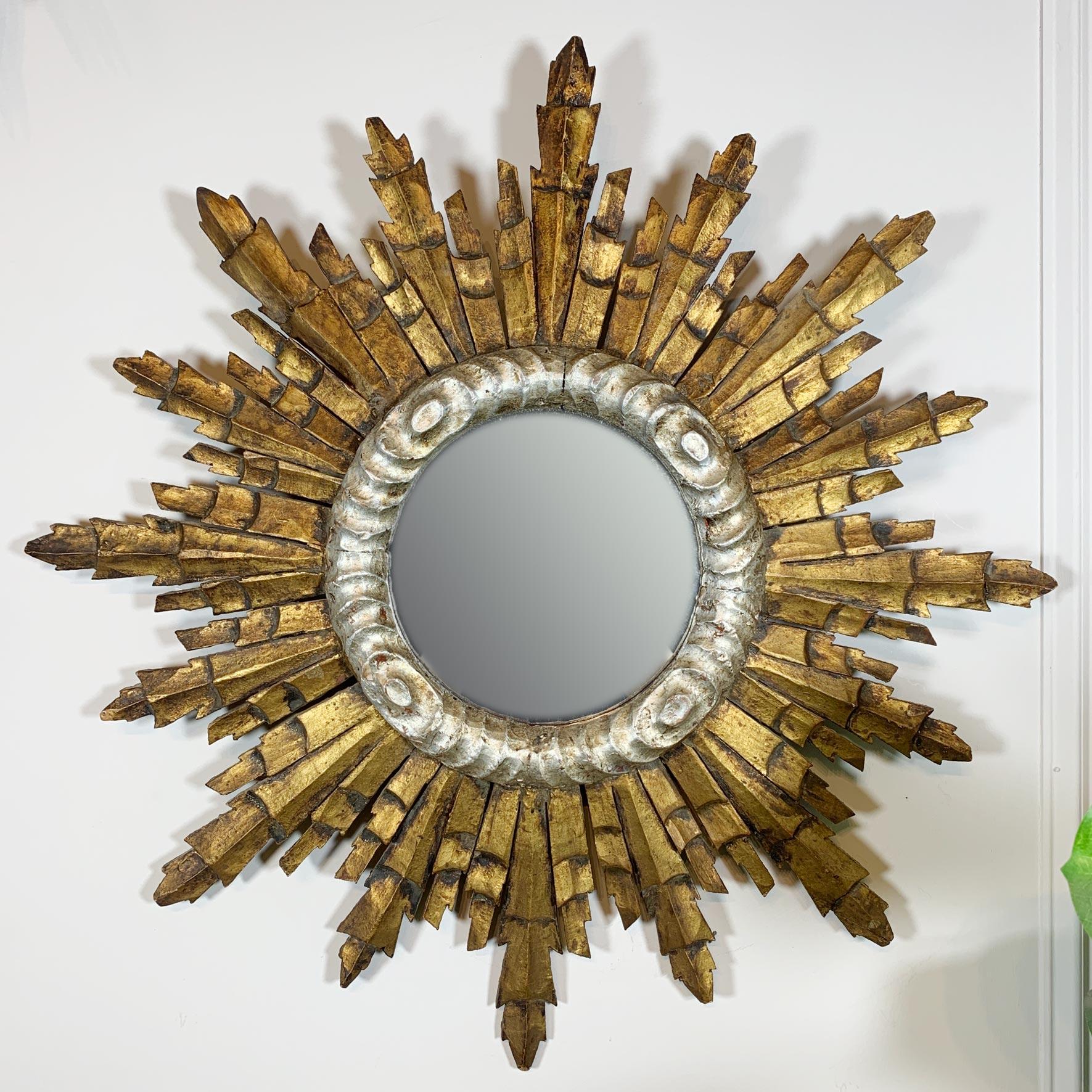 Mid-Century Modern Wooden Gold Sunburst Mirror 1940's Italian  For Sale