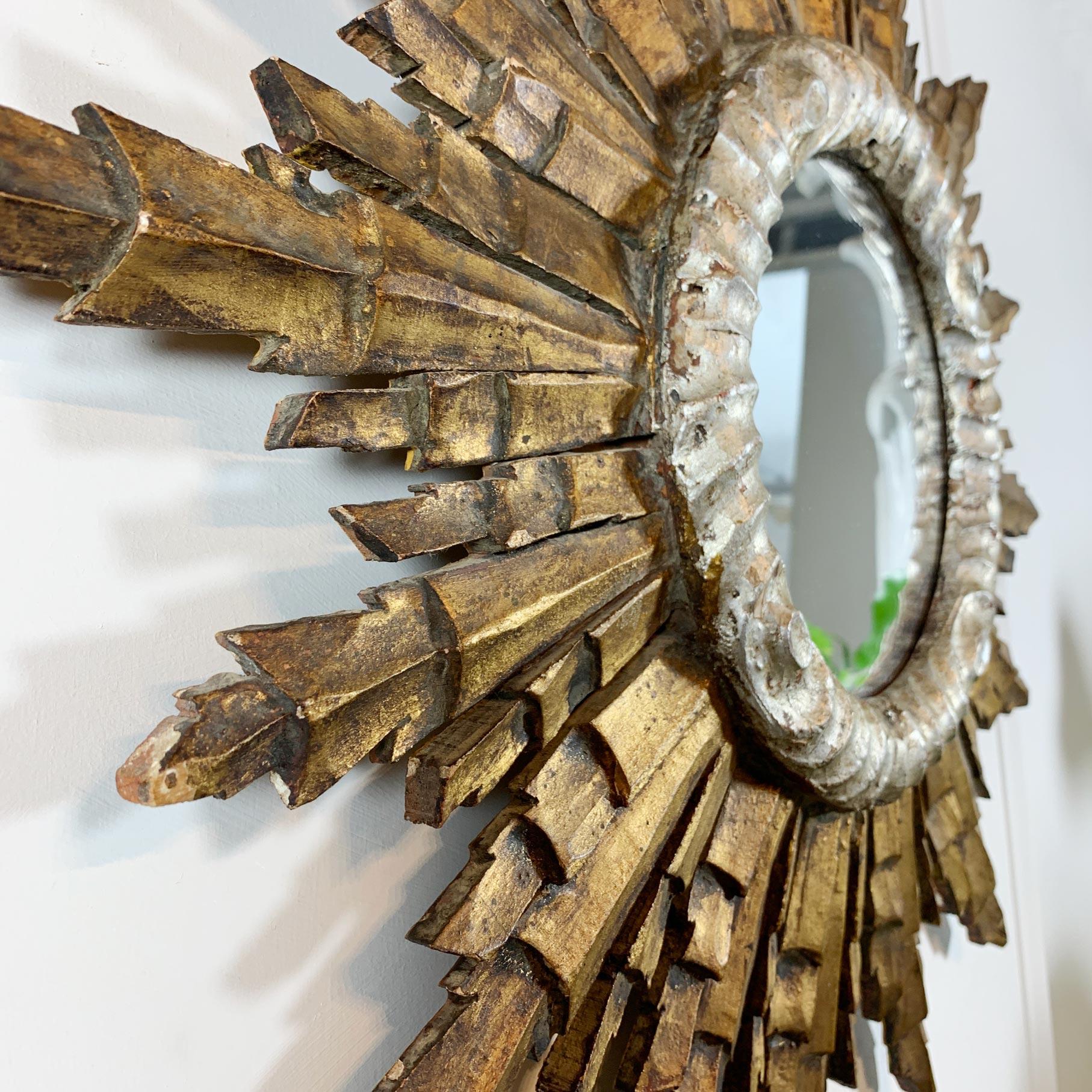 Hand-Carved Wooden Gold Sunburst Mirror 1940's Italian  For Sale
