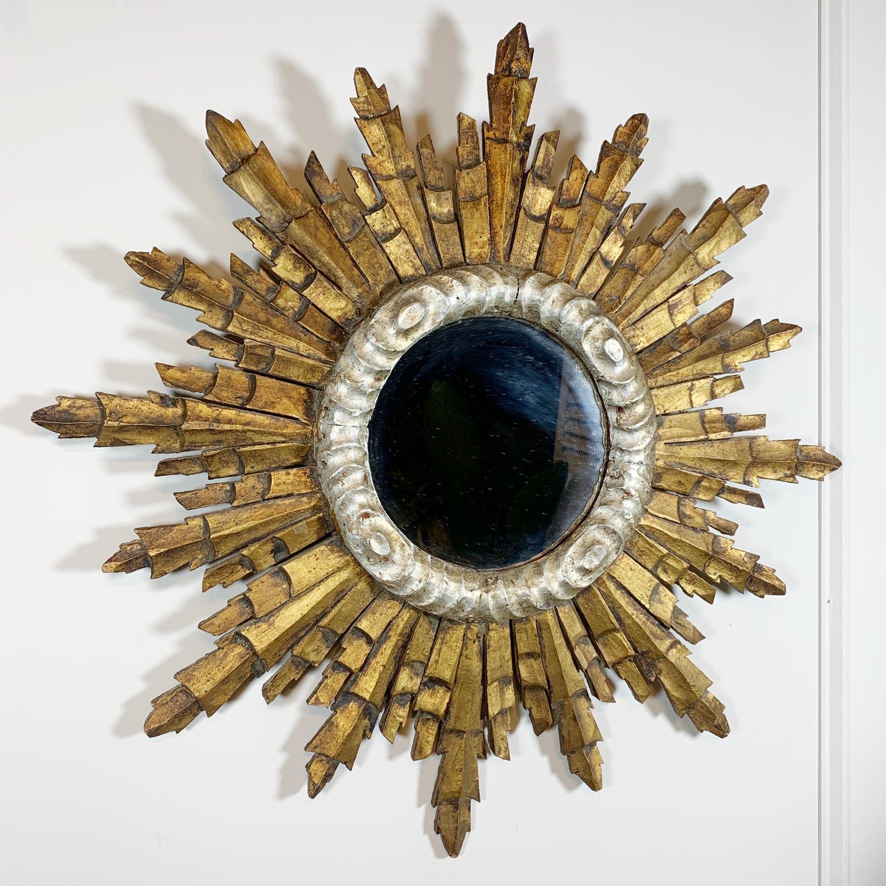 Wooden Gold Sunburst Mirror 1940's Italian  For Sale 1