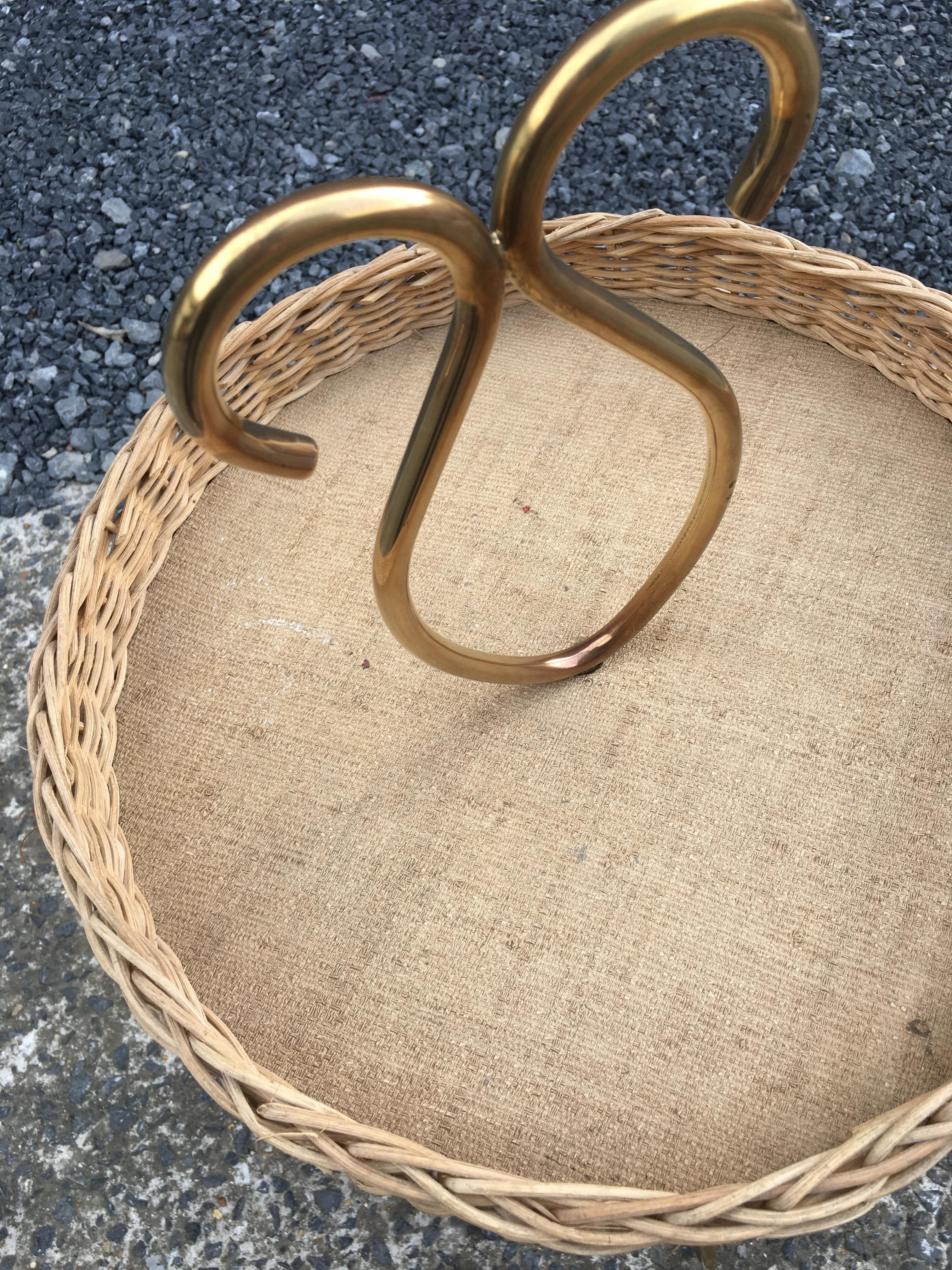 Mid-Century Modern Wooden Gueridon, Rattan and Brass, circa 1960 For Sale