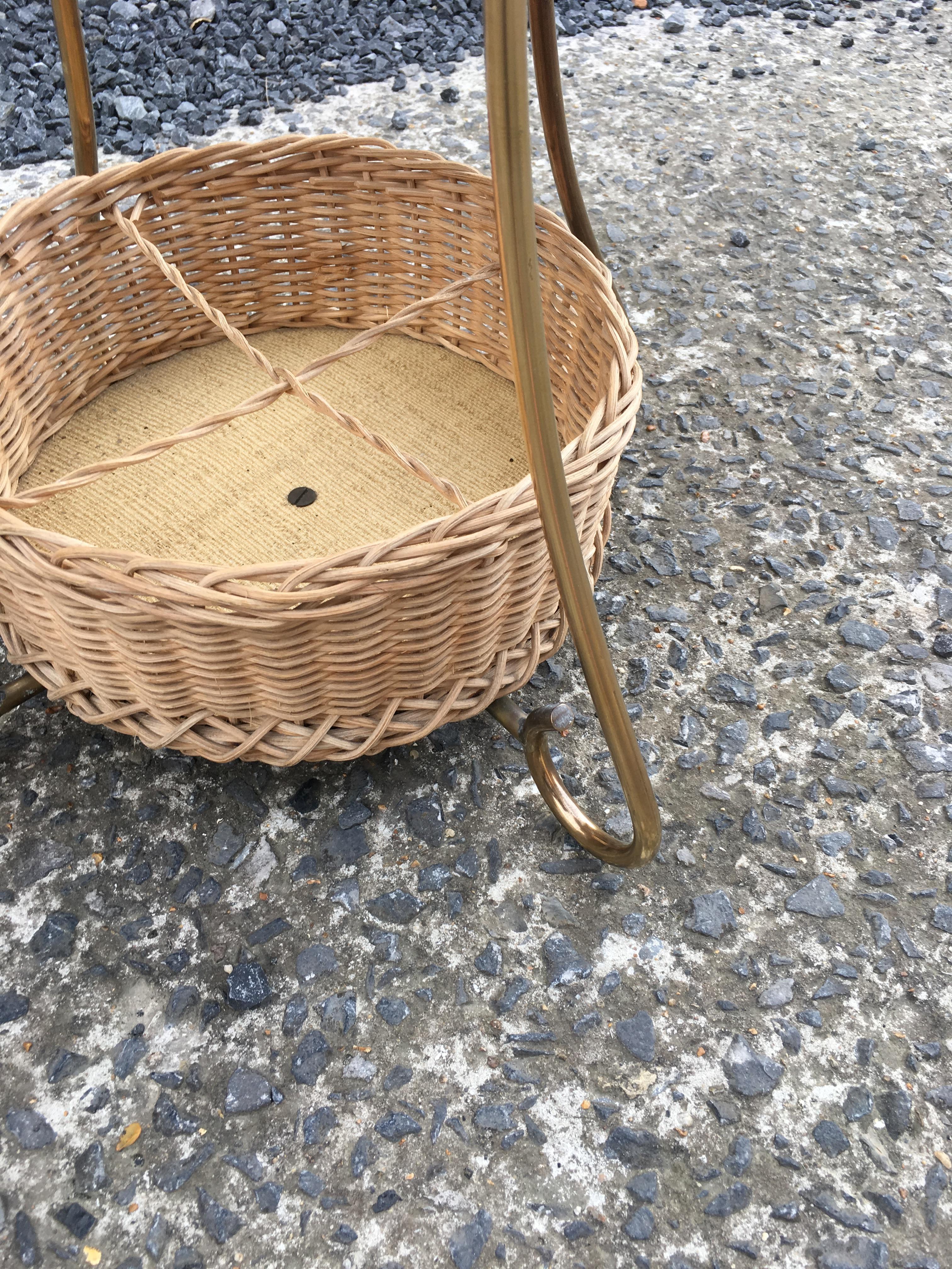 European Wooden Gueridon, Rattan and Brass, circa 1960 For Sale