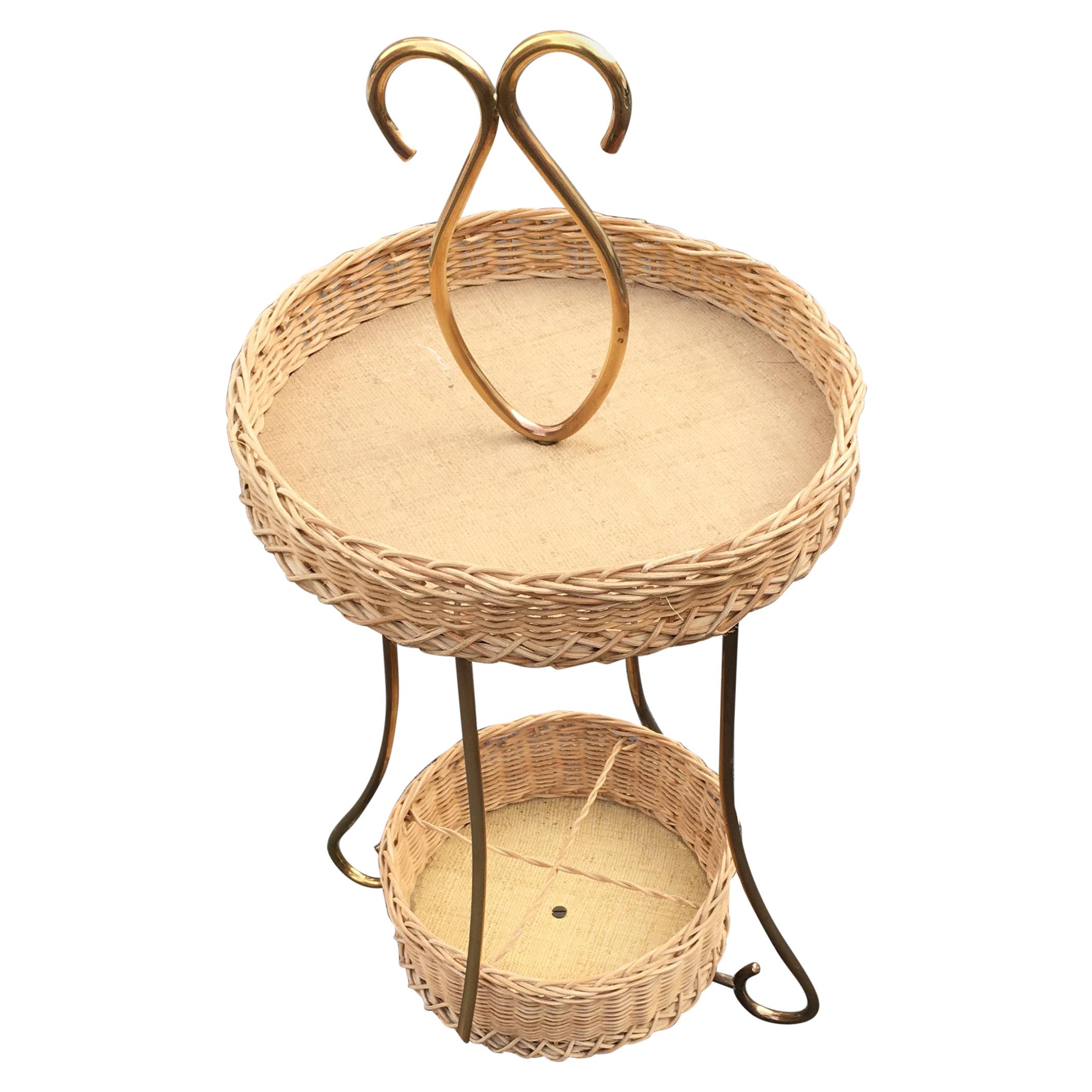 Wooden Gueridon, Rattan and Brass, circa 1960 For Sale