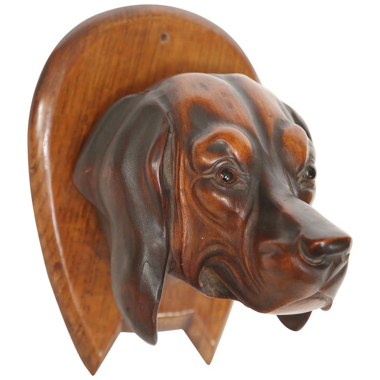 Riding Crop Holder Having a Hand Carved Wooden Dog's Head with Glass