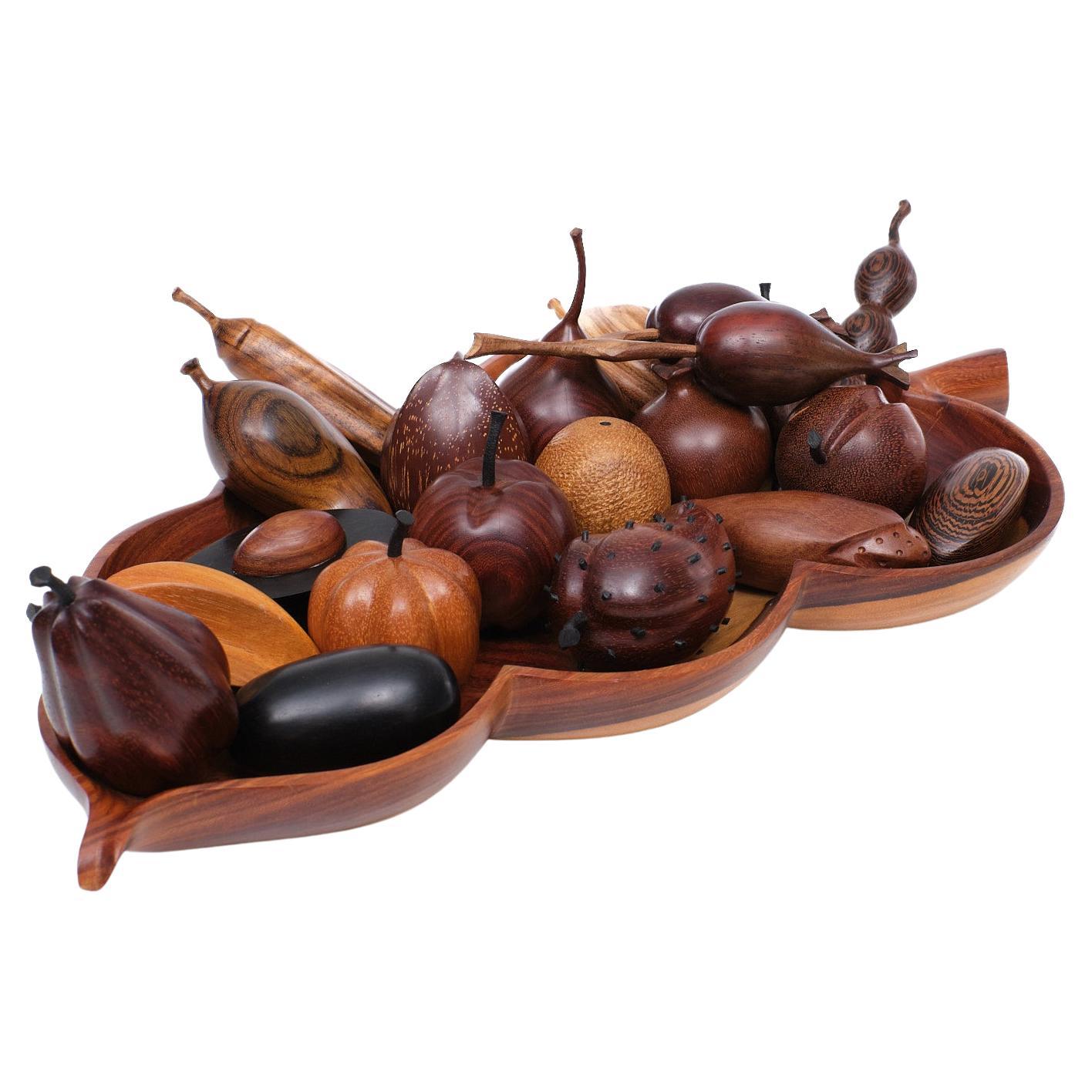 Wooden Hand Carved Tropical Fruit Basket 20 Pieces