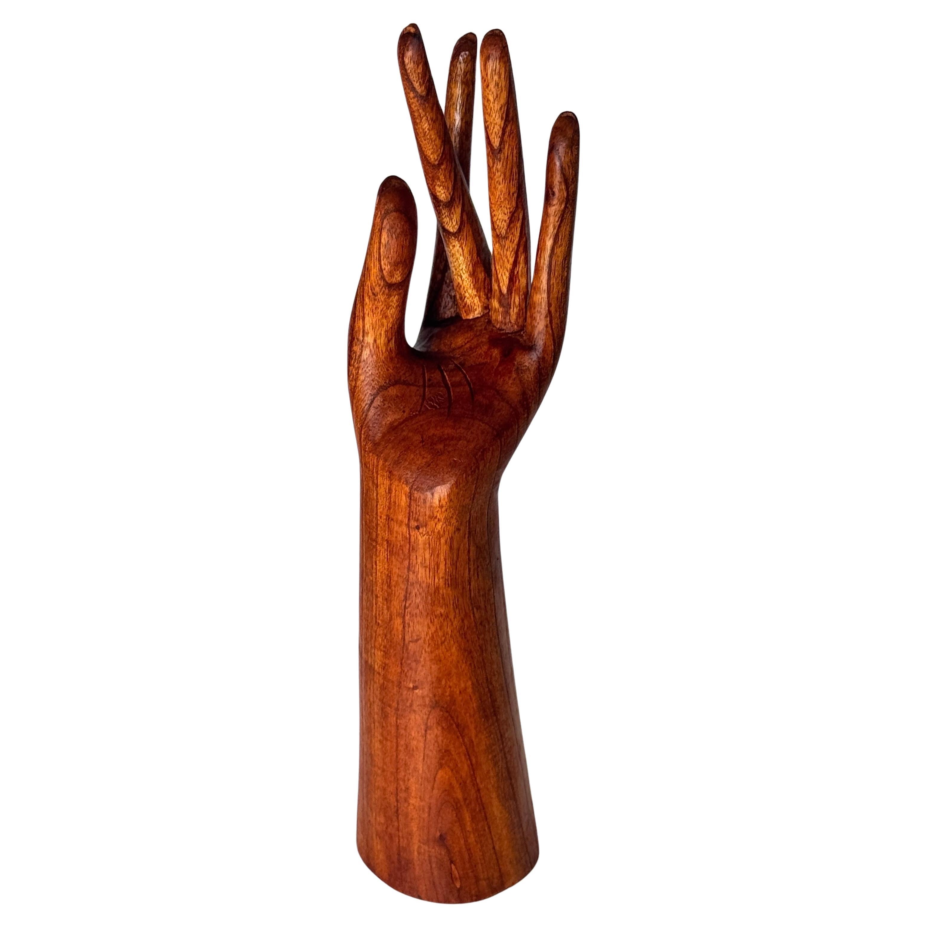 French Wooden Hand Jewelry Display Sculpture, Finely Carved with Natural Varnish – Deco For Sale