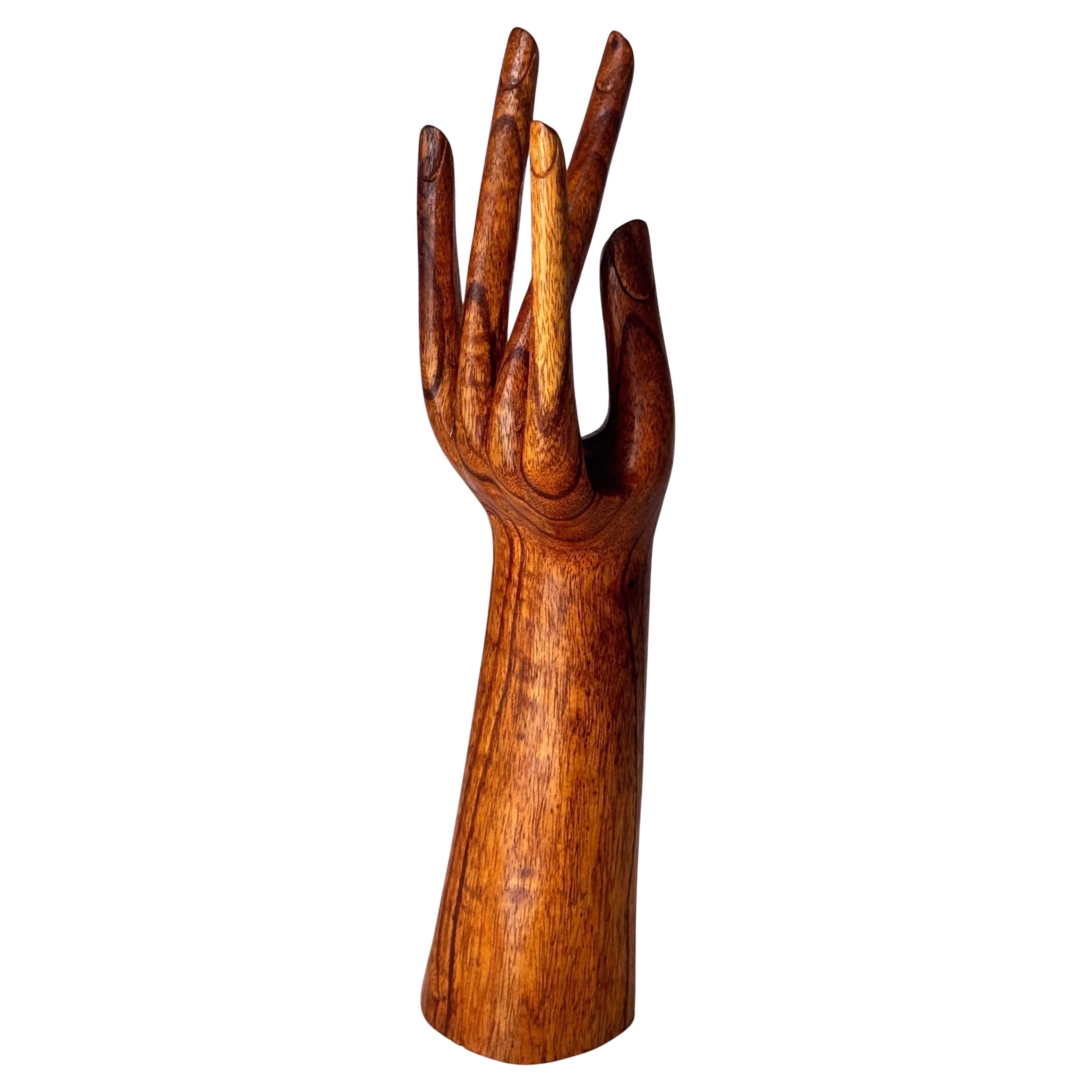 Wooden Hand Jewelry Display Sculpture, Finely Carved with Natural Varnish – Deco For Sale
