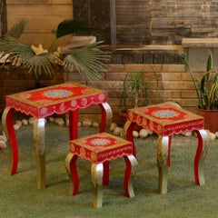 Wooden Hand Painted Stools Chowki (Red, Set of 3)