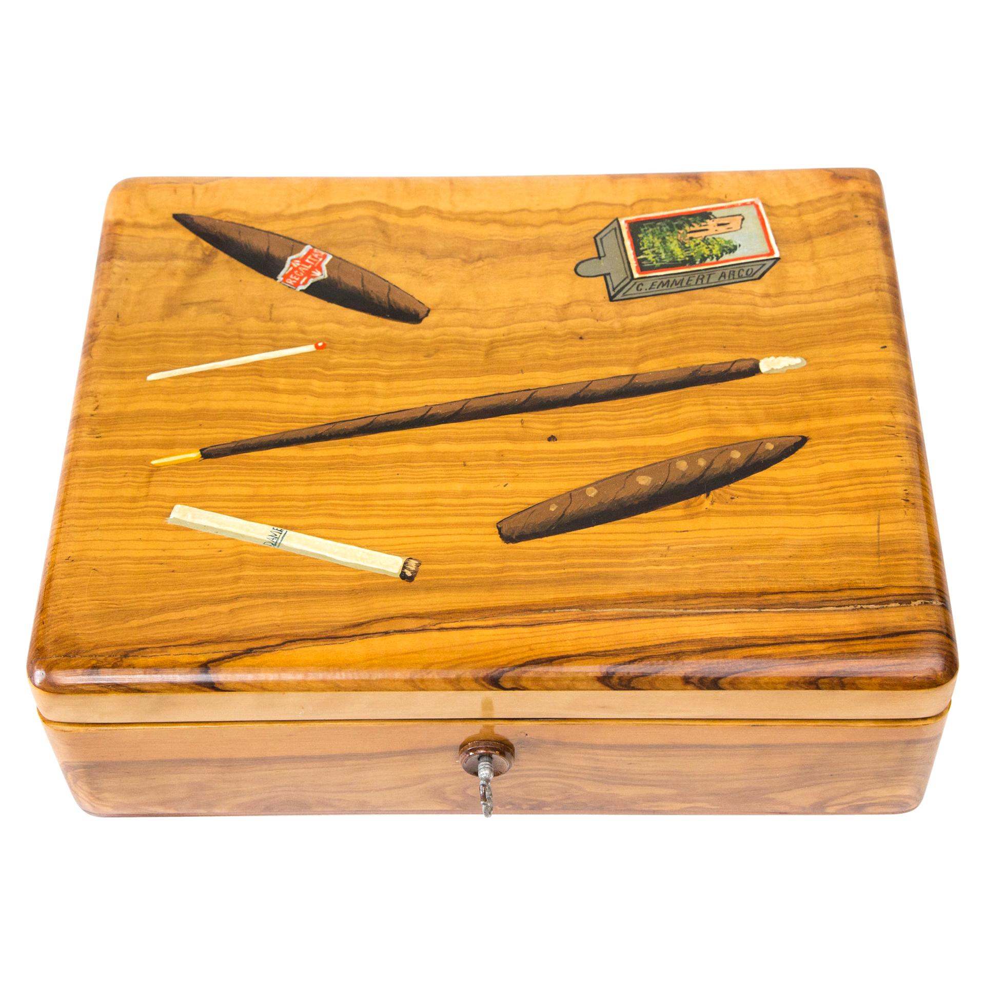 Wooden Hand Painted Tobacco Box, circa 1910 For Sale