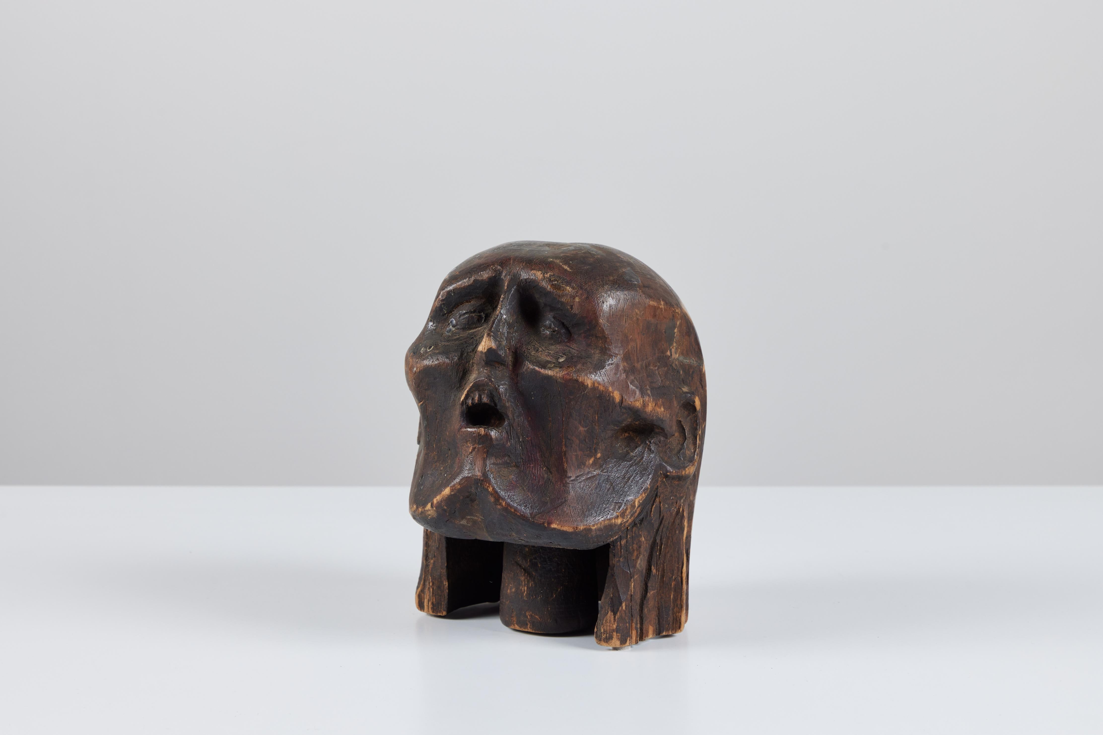 Hand-Carved Wooden Head Sculpture