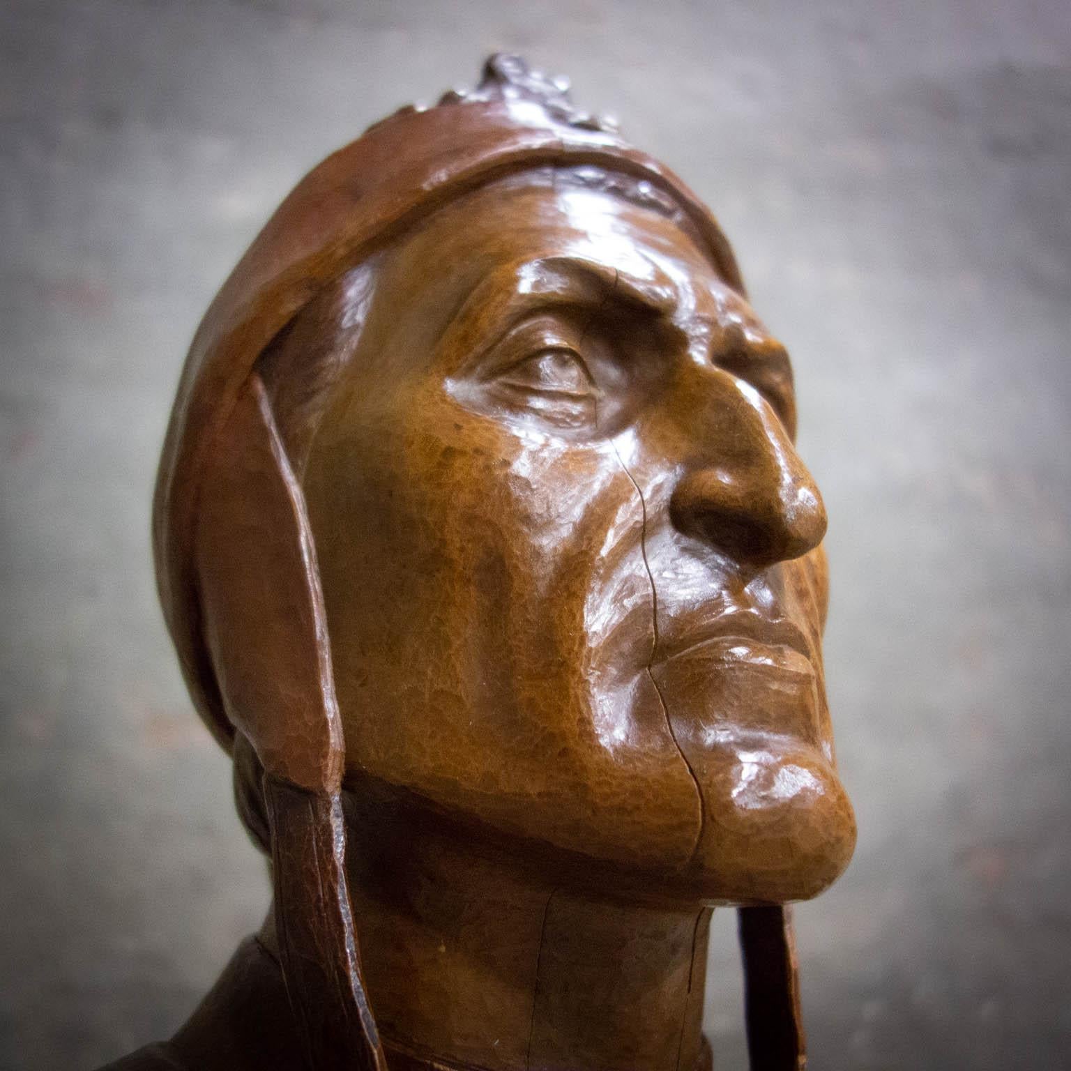 Wooden Head Statue of Danté Alighieri, Hand Made Arts & Crafts, Germany, 1880 1